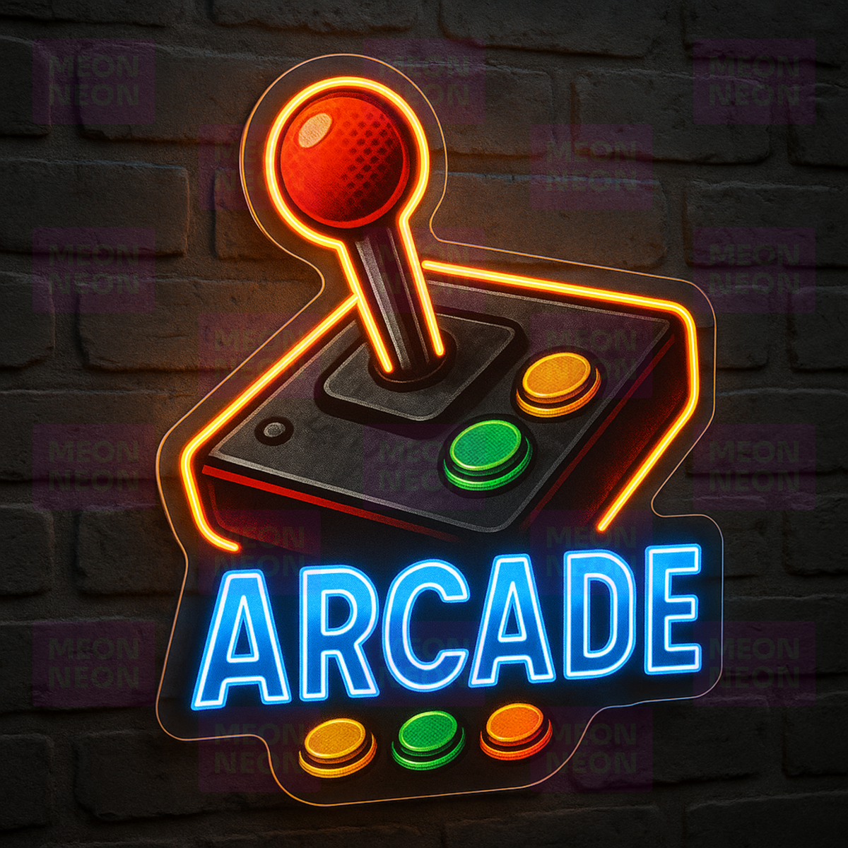 Arcade LED neon sign with joystick and buttons in blue, orange and green