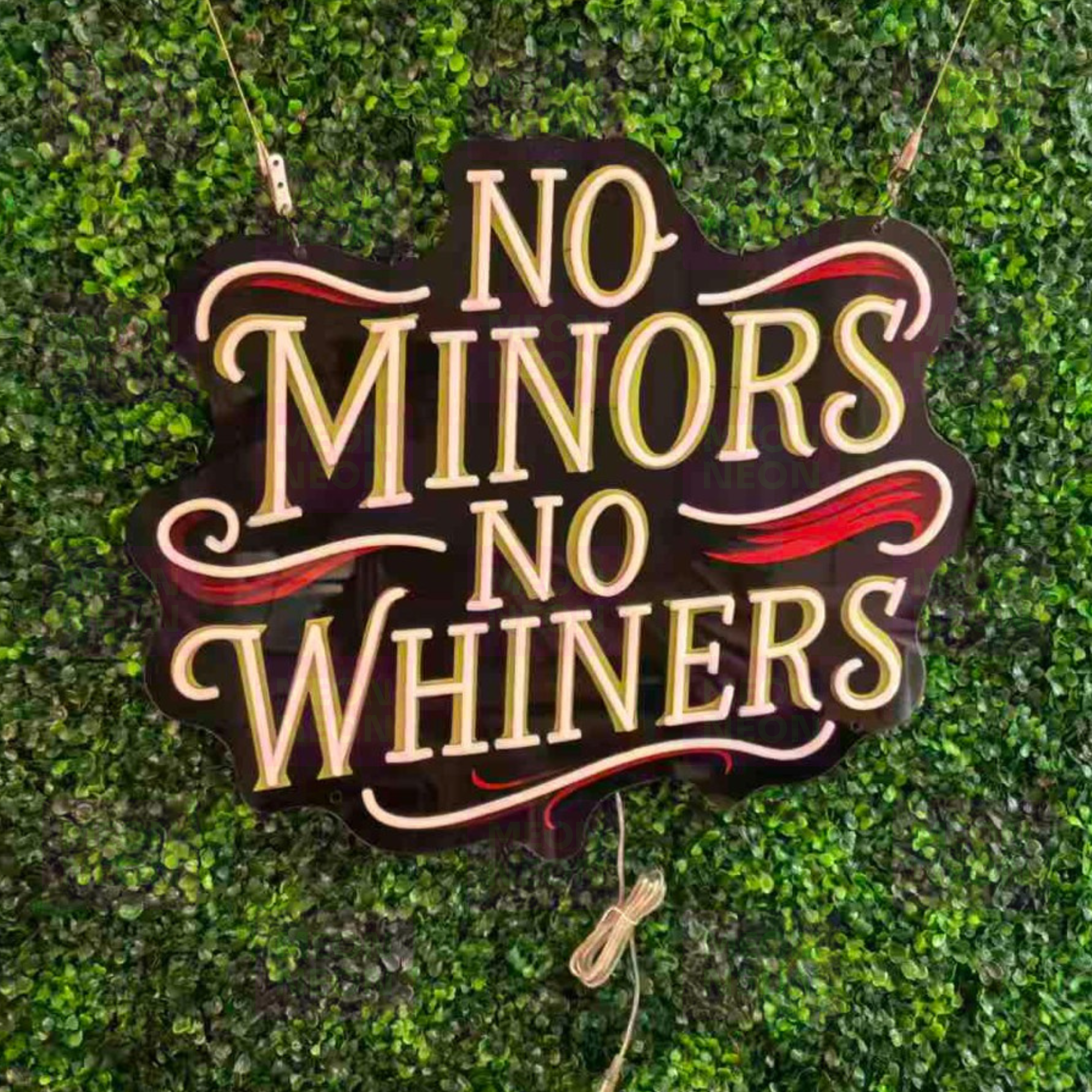 No Minors No Whiners LED Neon Sign - Tattoo Shop Rules - Yellow and Red Lettering - Professional Boundaries
