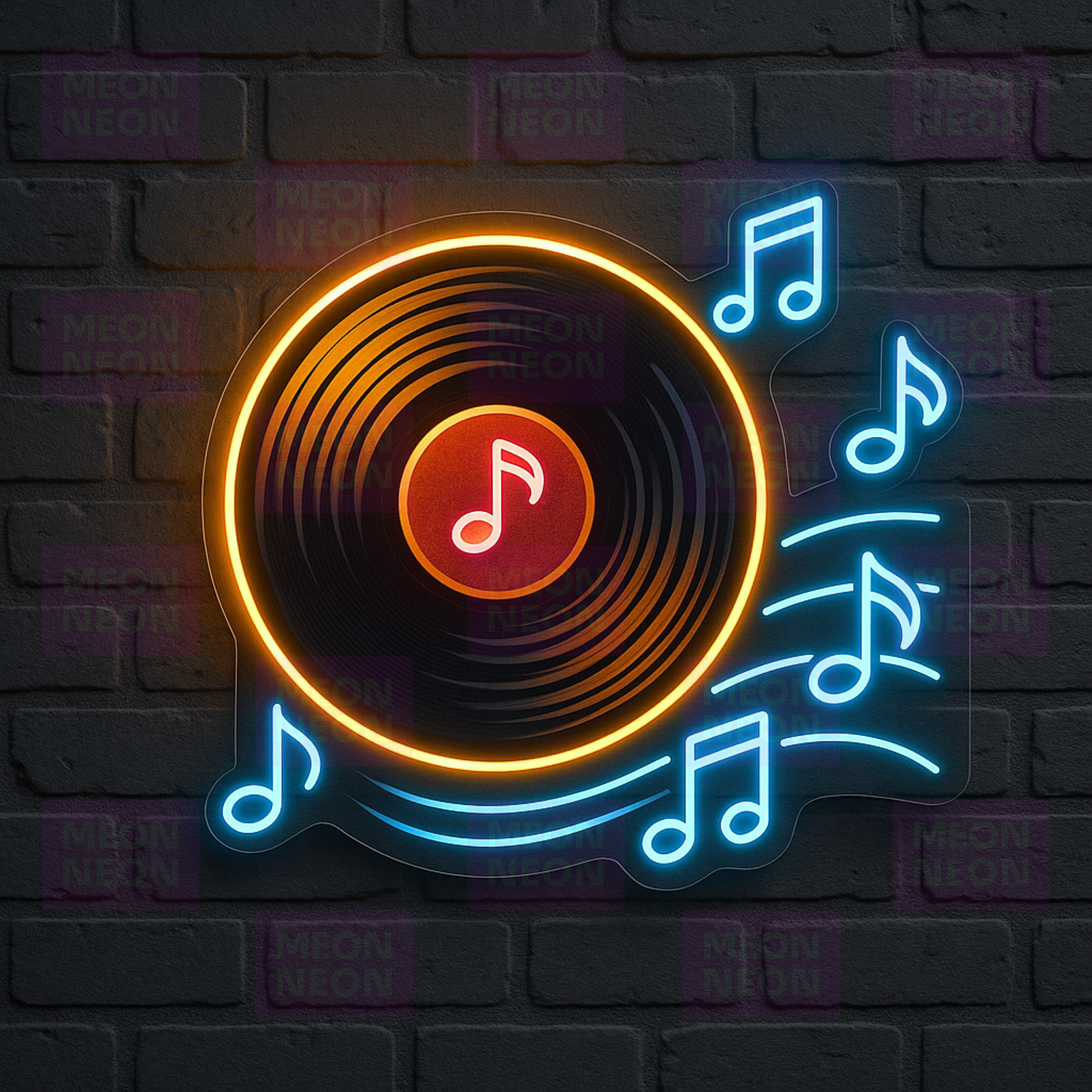 Vinyl Record LED Neon Sign - Spinning Record with Notes - Golden Orange & Blue