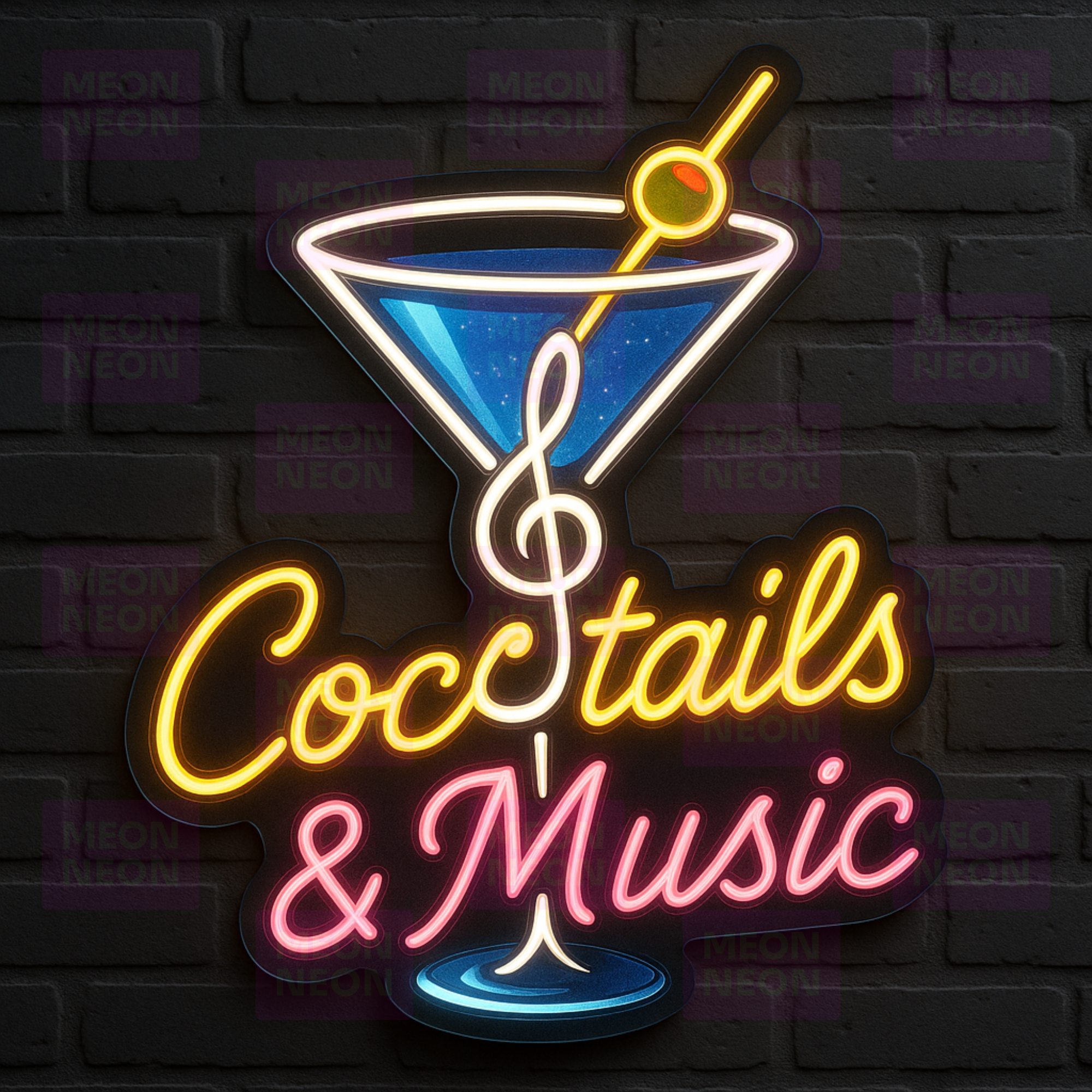 Cocktails & Music LED Neon Sign - Bar Entertainment - Martini Glass Design - Multi-Color Light