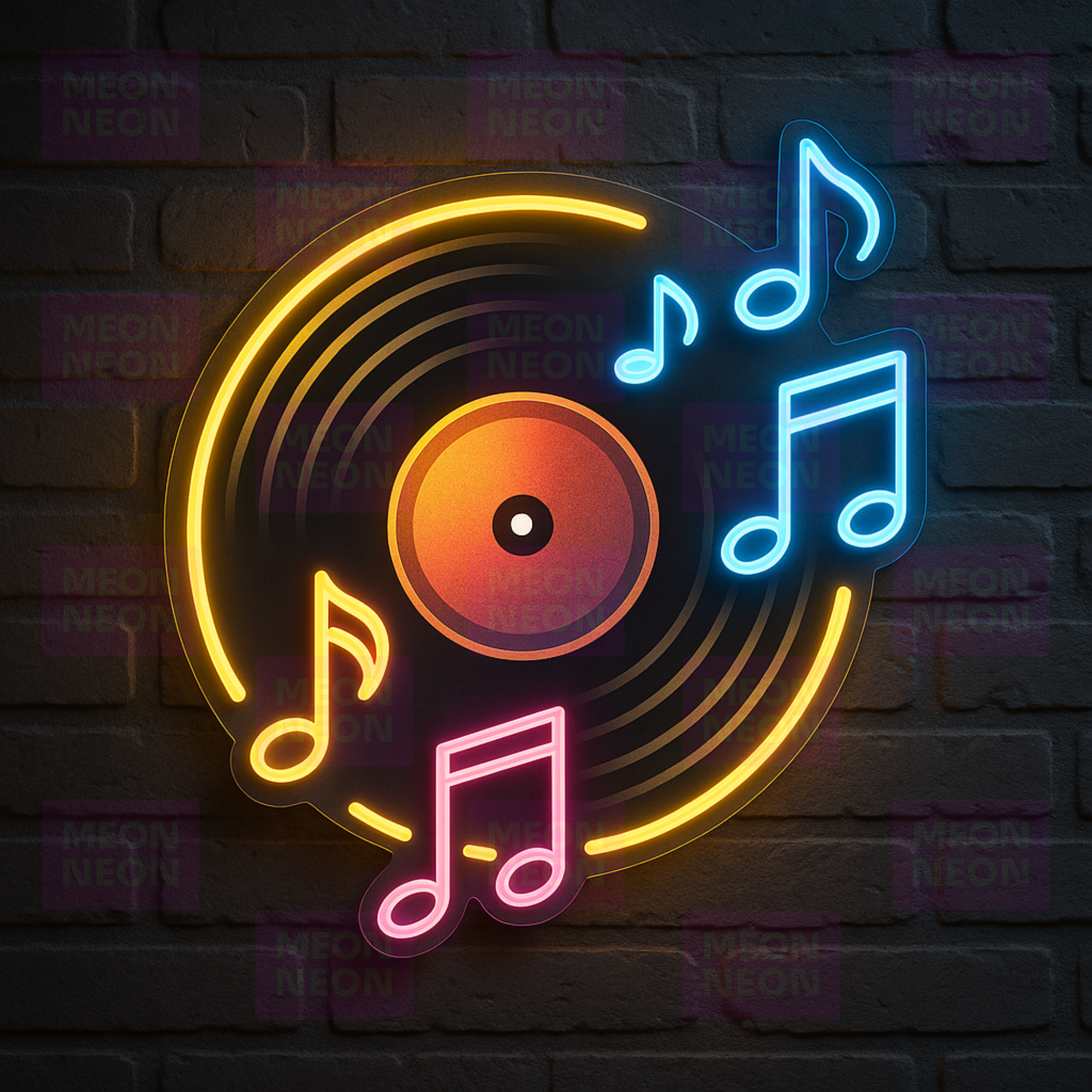 Vinyl Record LED Neon Sign - Music Lover - Floating Notes - Orange Blue Multi-Color