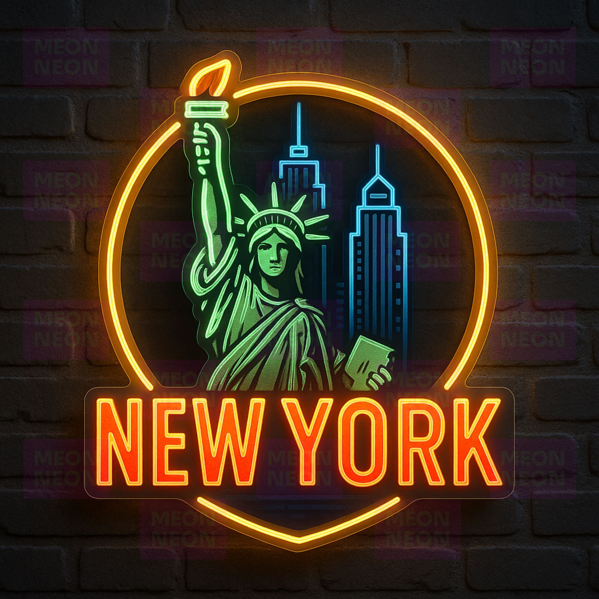New York Skyline with Statue of Liberty Badge Neon Sign