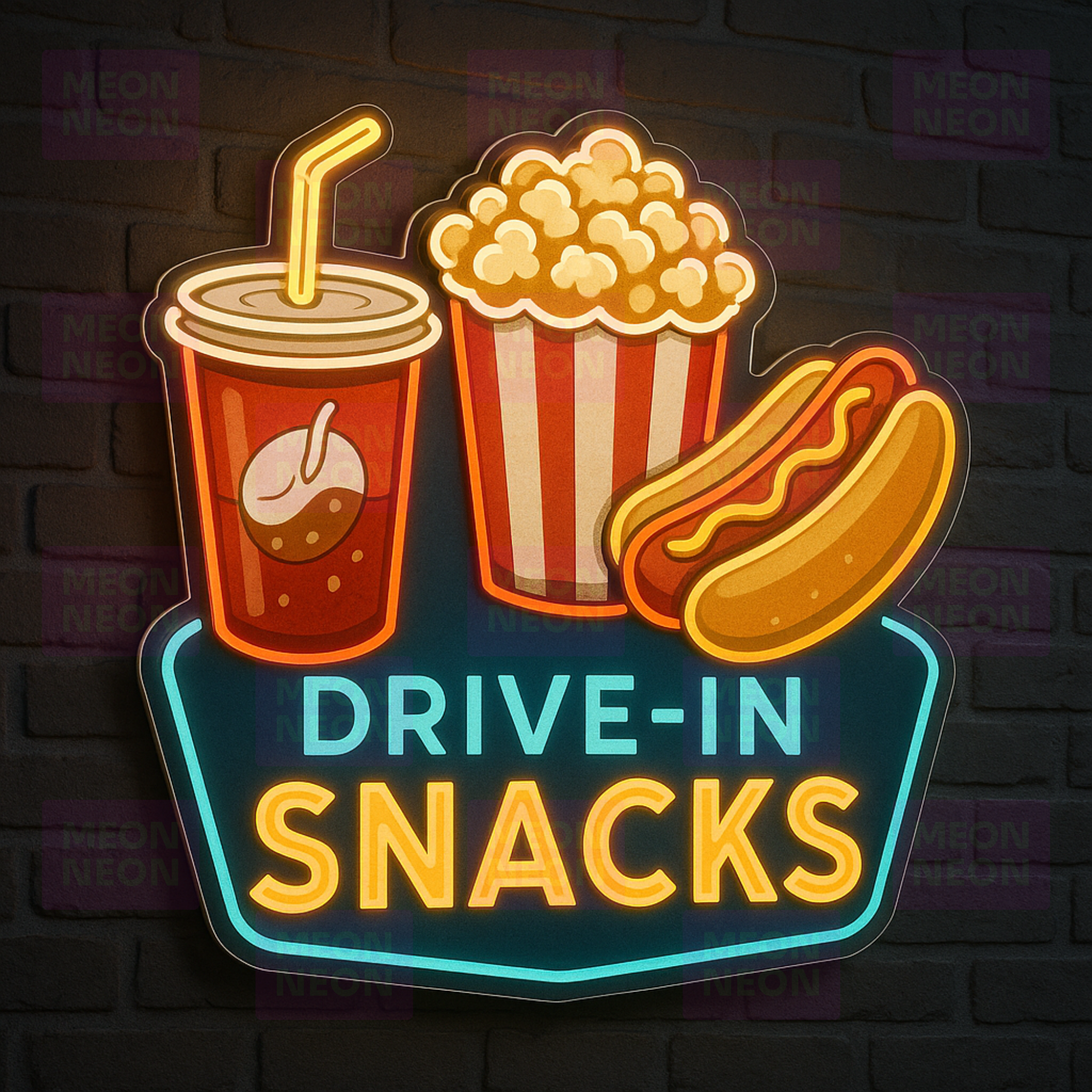 Drive-In Snacks LED Neon Sign - Classic Americana Food - Movie Theater Style - Multi-Color with Cyan Frame