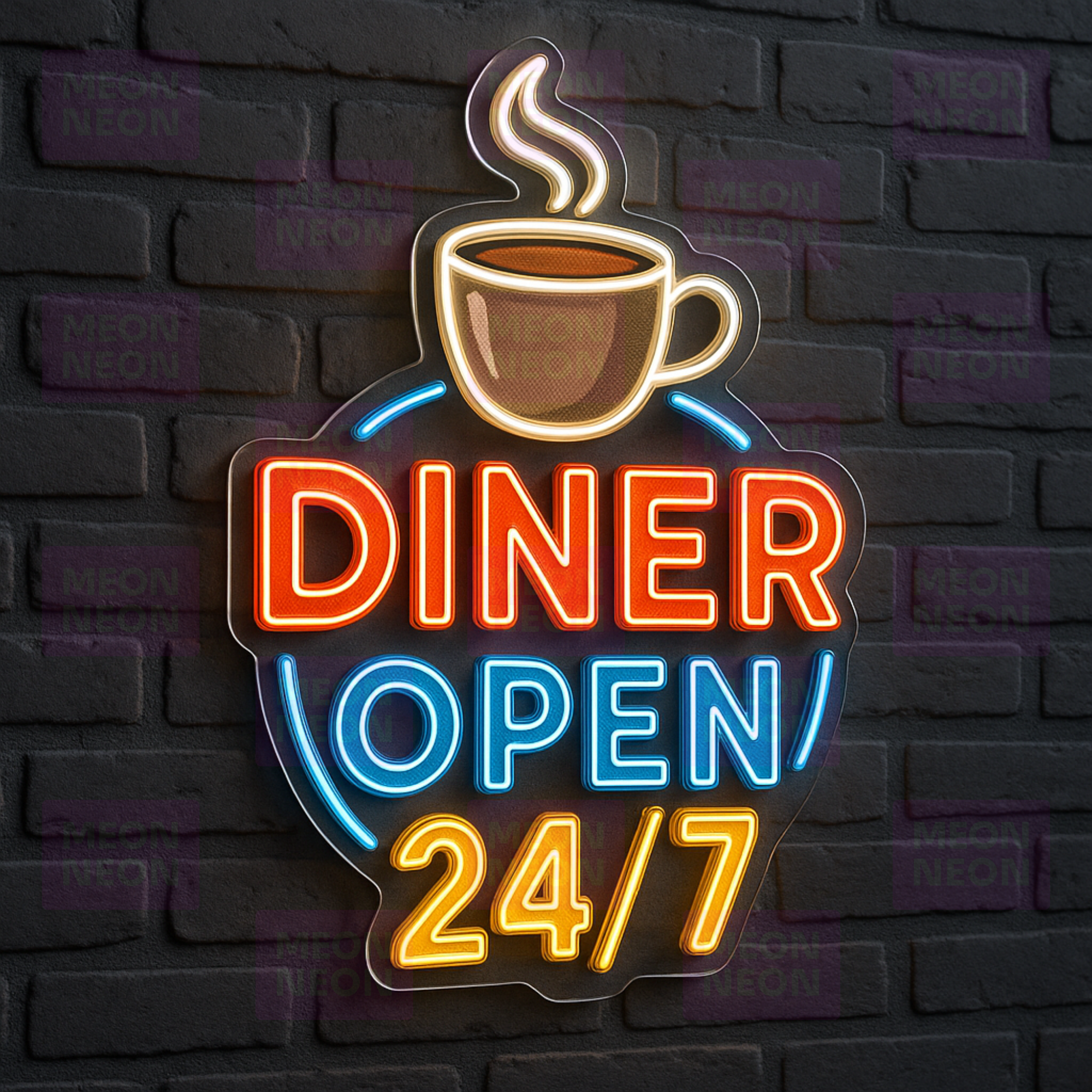 Classic Diner LED Neon Sign - Coffee Cup Style - Red Blue Yellow - Vintage Americana