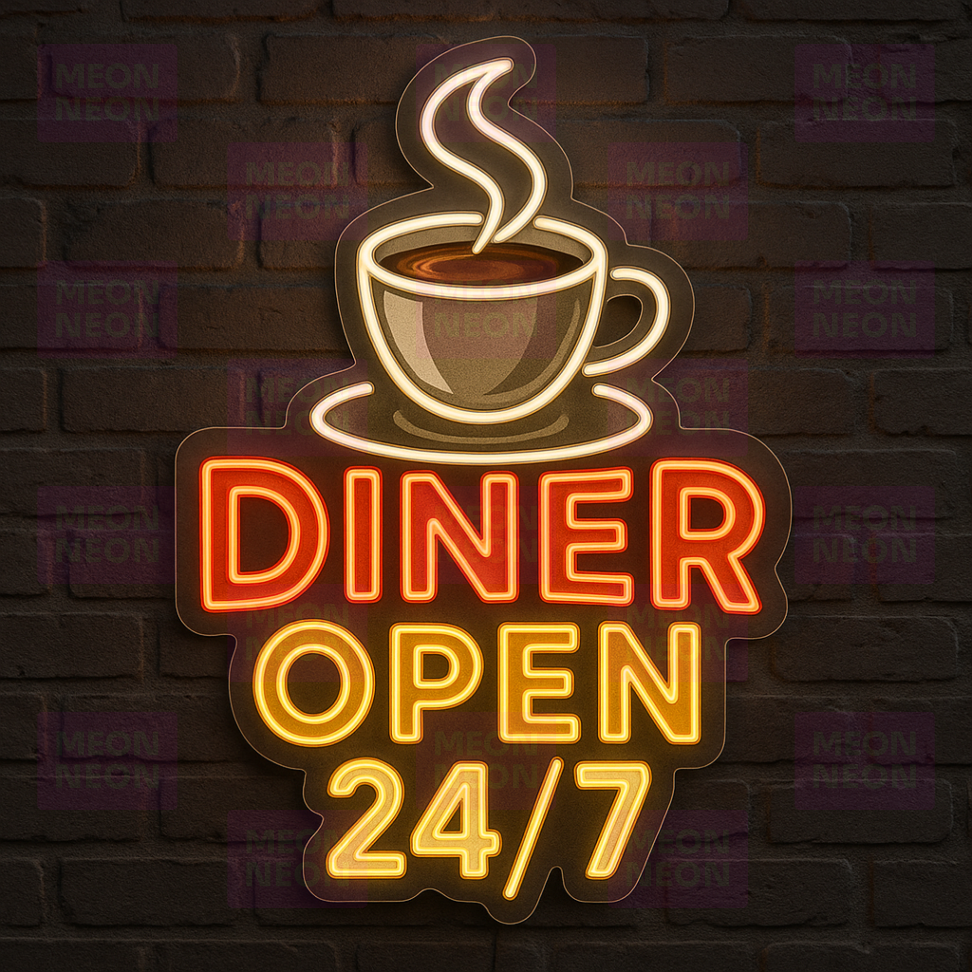 Diner Open 24/7 LED Neon Sign - Classic American Diner - Coffee Cup - Red Orange Yellow