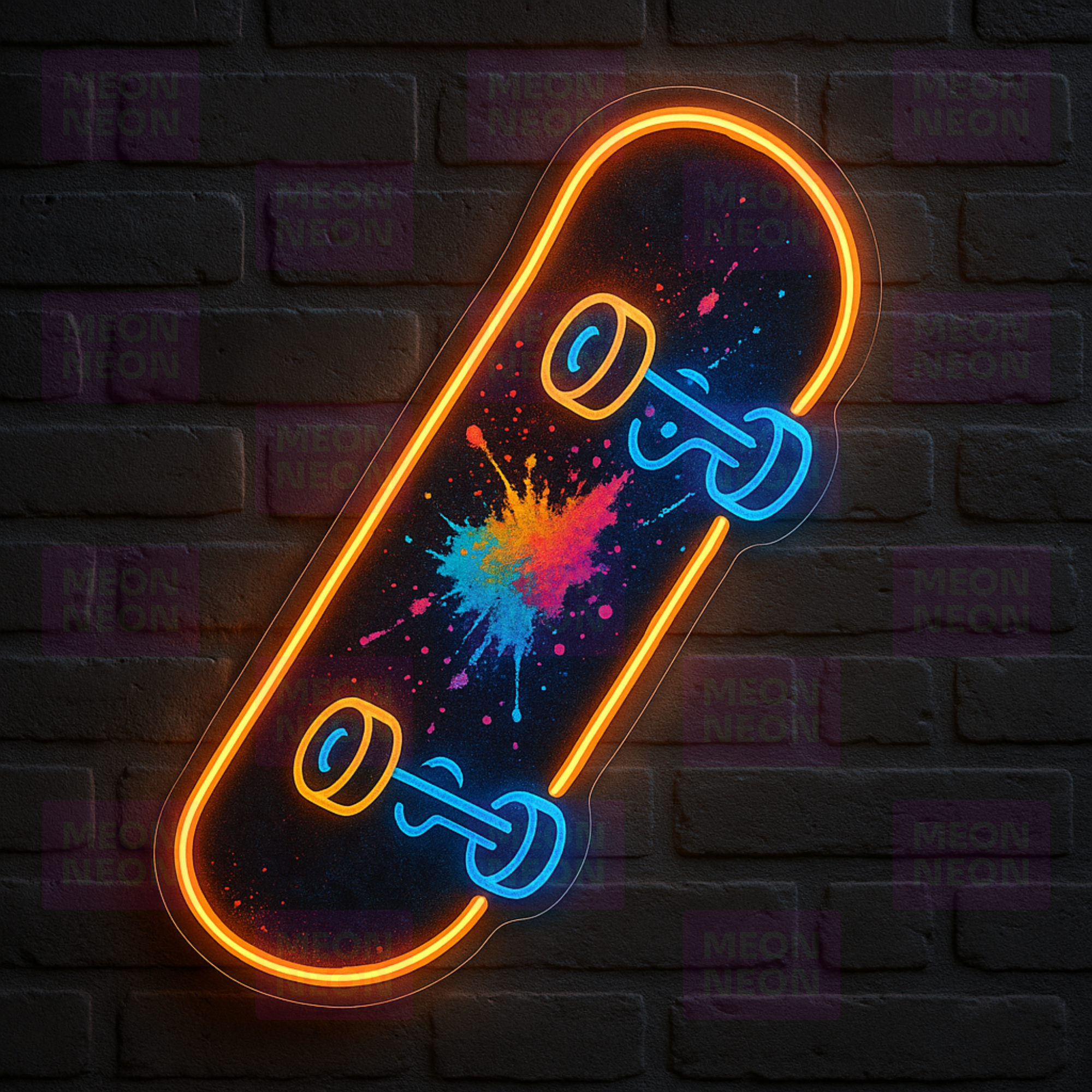 Retro Skateboard LED Neon Sign - Cosmic Graffiti - Paint Splatter - Orange Blue Multi-Color