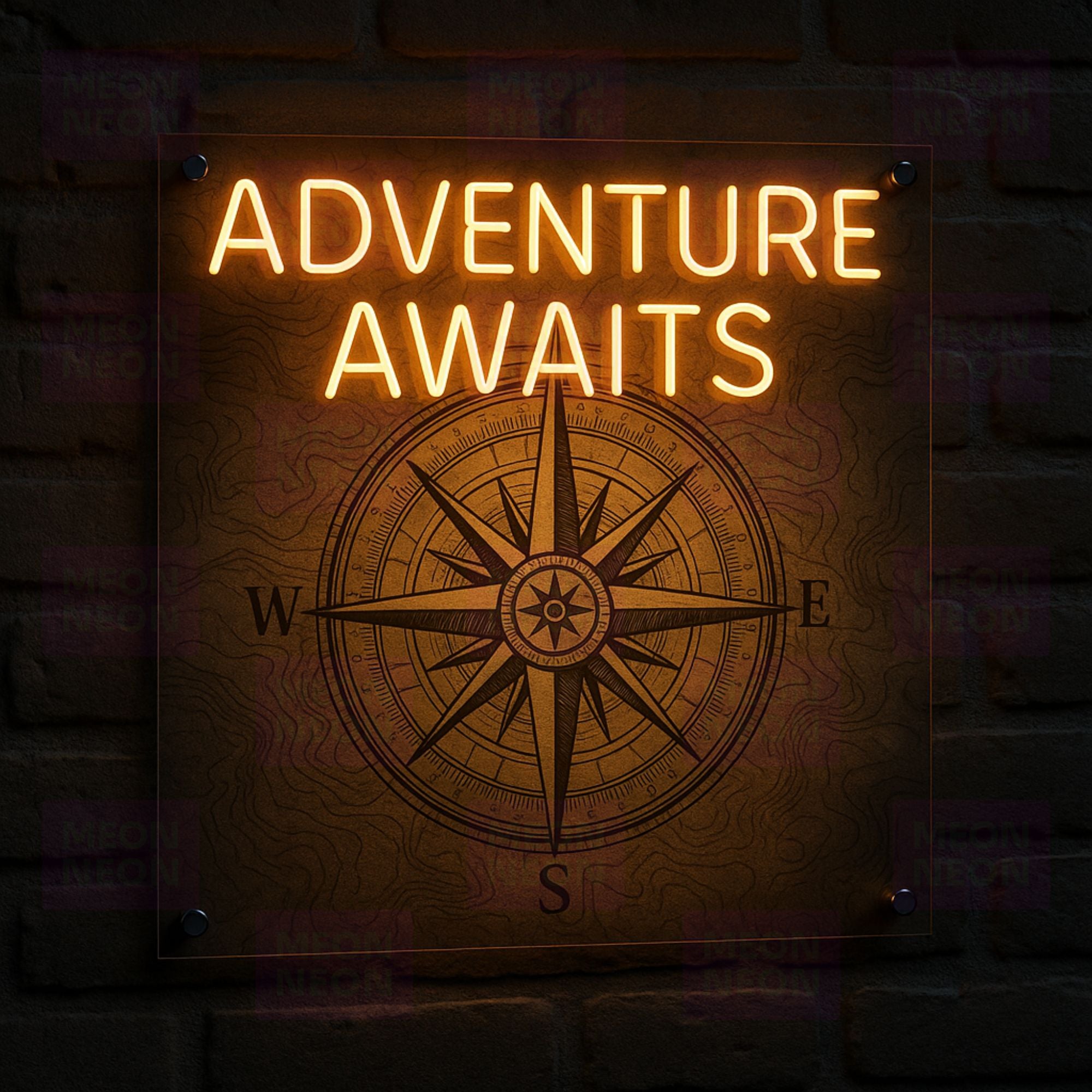 Adventure Awaits LED Neon Sign - Vintage Compass Design - Outdoor Recreation - Warm Amber Light