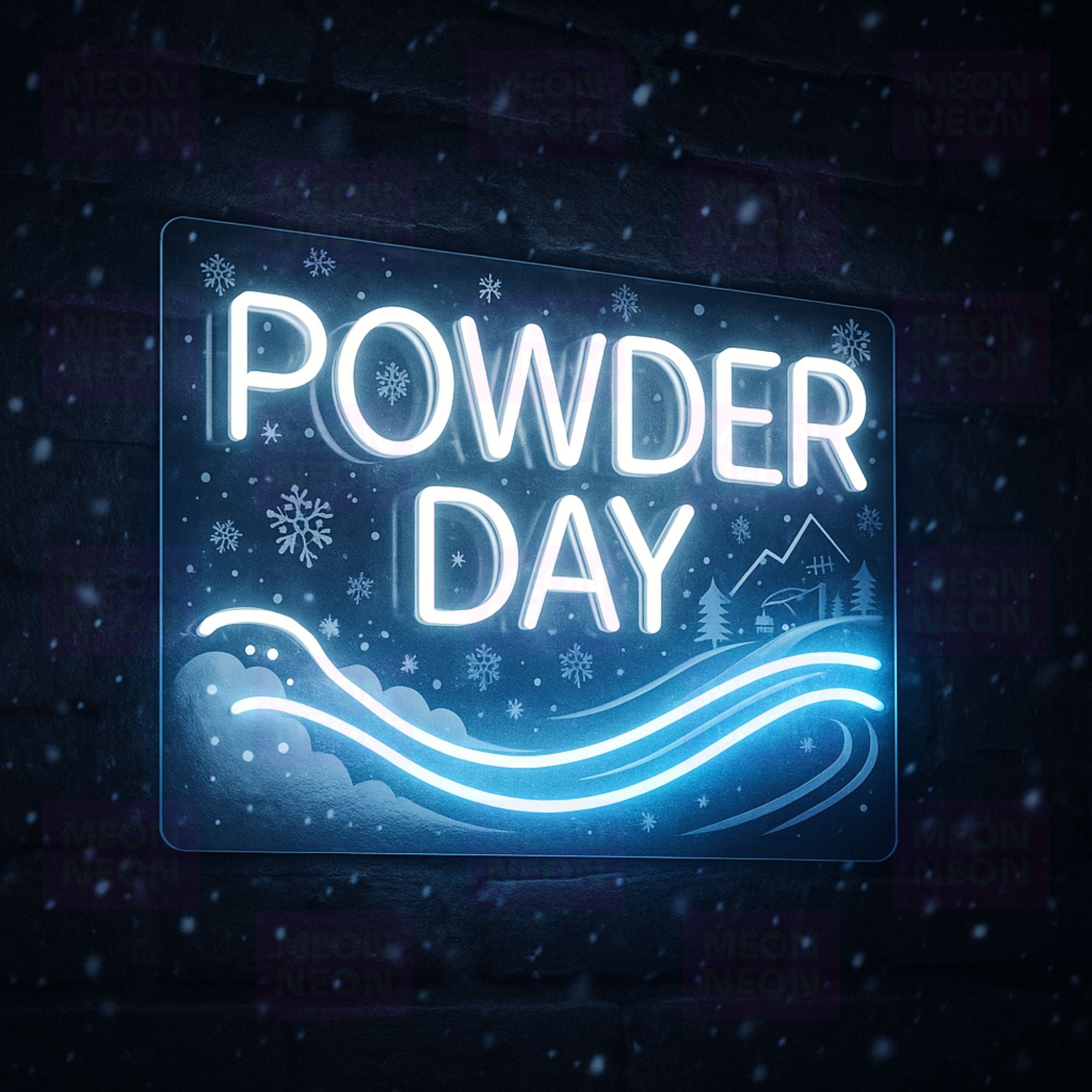 Powder Day LED Neon Sign - Ski Culture - Fresh Snow Design - White & Ice Blue Light