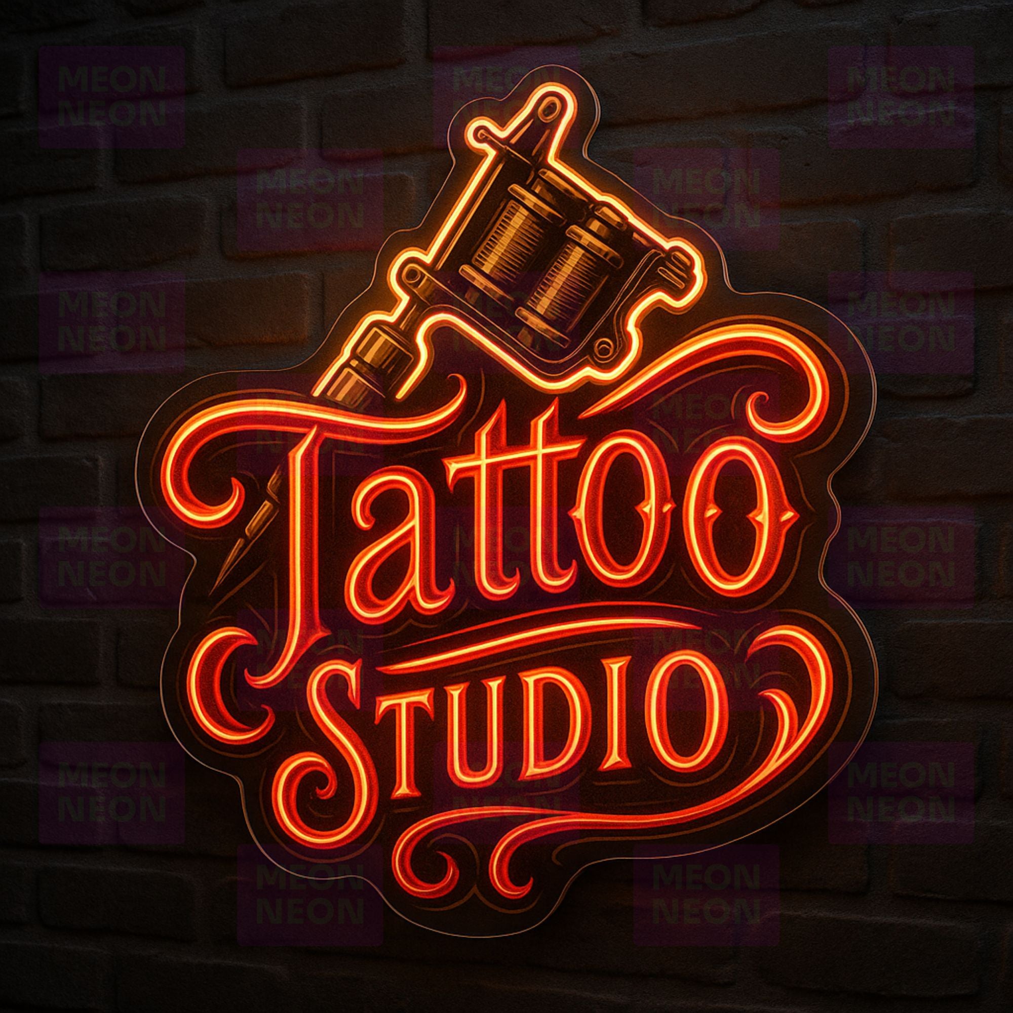 Tattoo Studio Machine LED Neon Sign - Professional Equipment - Script Lettering - Red & Orange Light