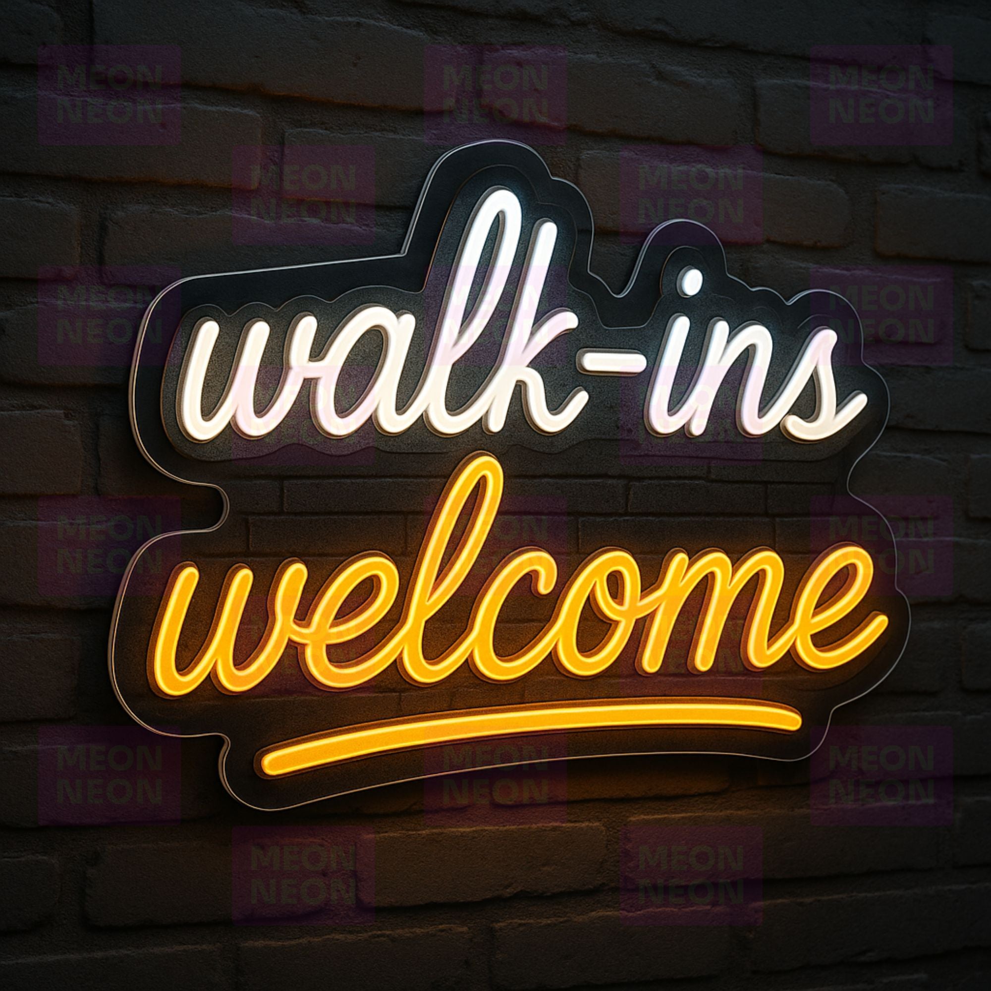 Dual Color Walk-Ins Welcome LED Neon Sign - Modern Script - White & Orange Light - Professional Style