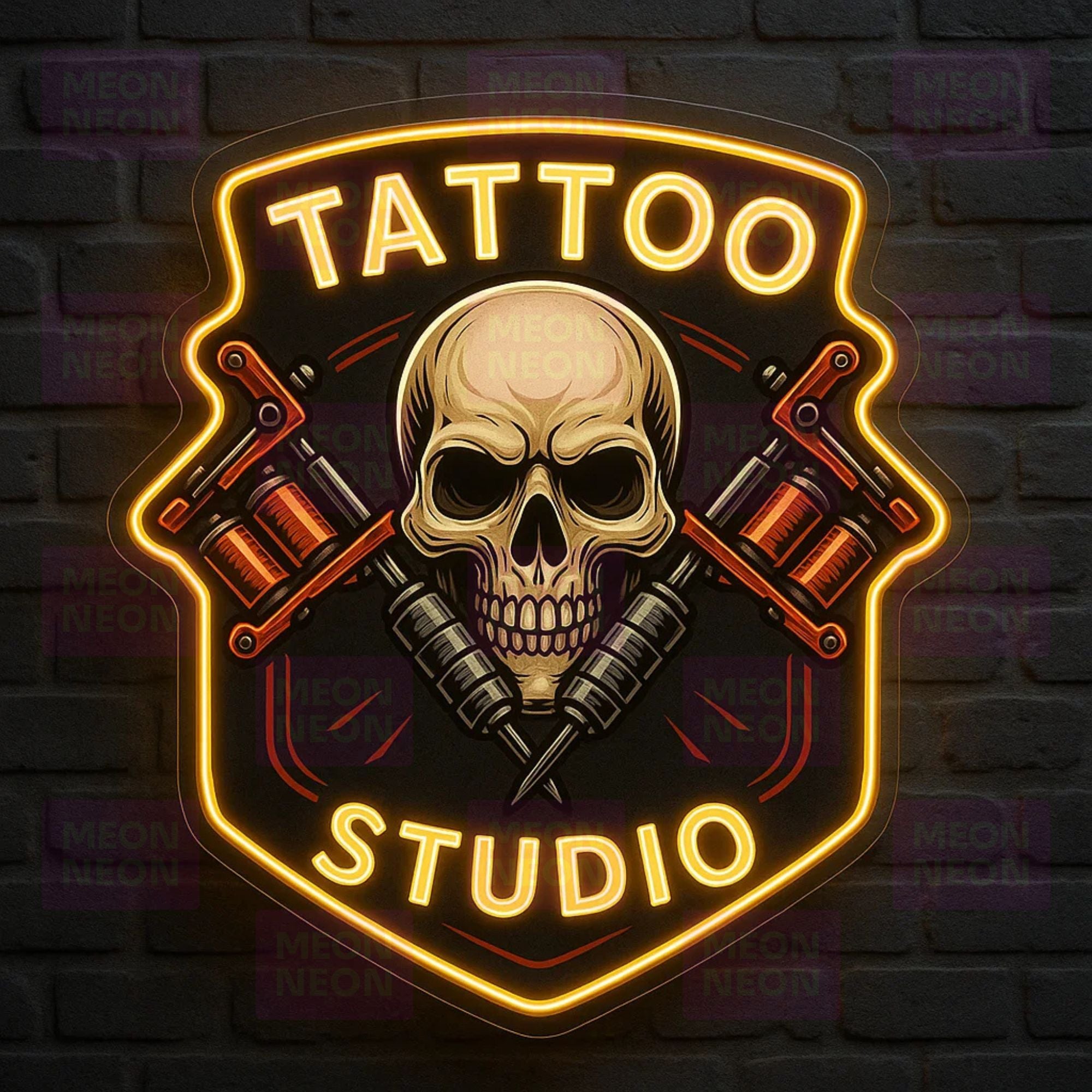 Shield Tattoo Studio LED Neon Sign - Skull & Machines - Professional Badge - Golden Yellow Light