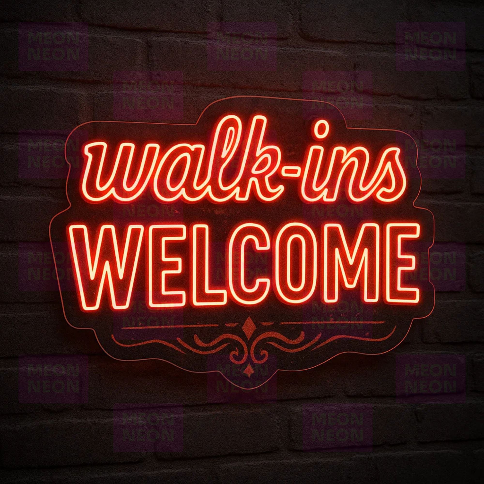 Red Script Walk-Ins Welcome LED Neon Sign - Elegant Typography - Decorative Border - Bright Red Light