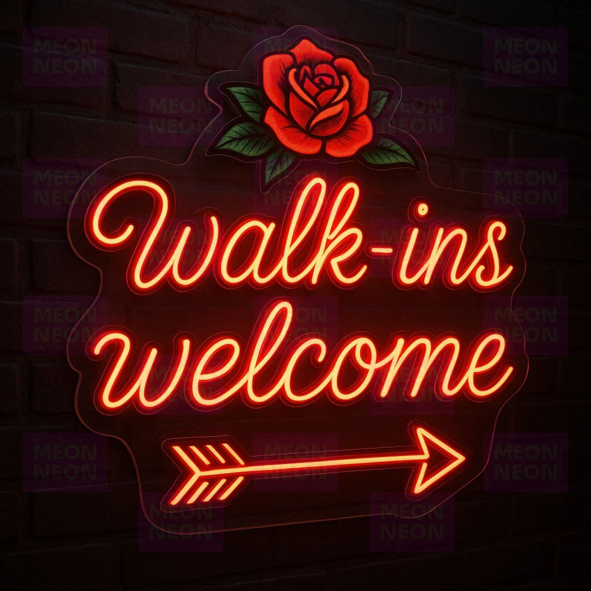 Rose Walk-Ins Welcome LED Neon Sign - Traditional Flash Art - Rose Design - Red Script Light