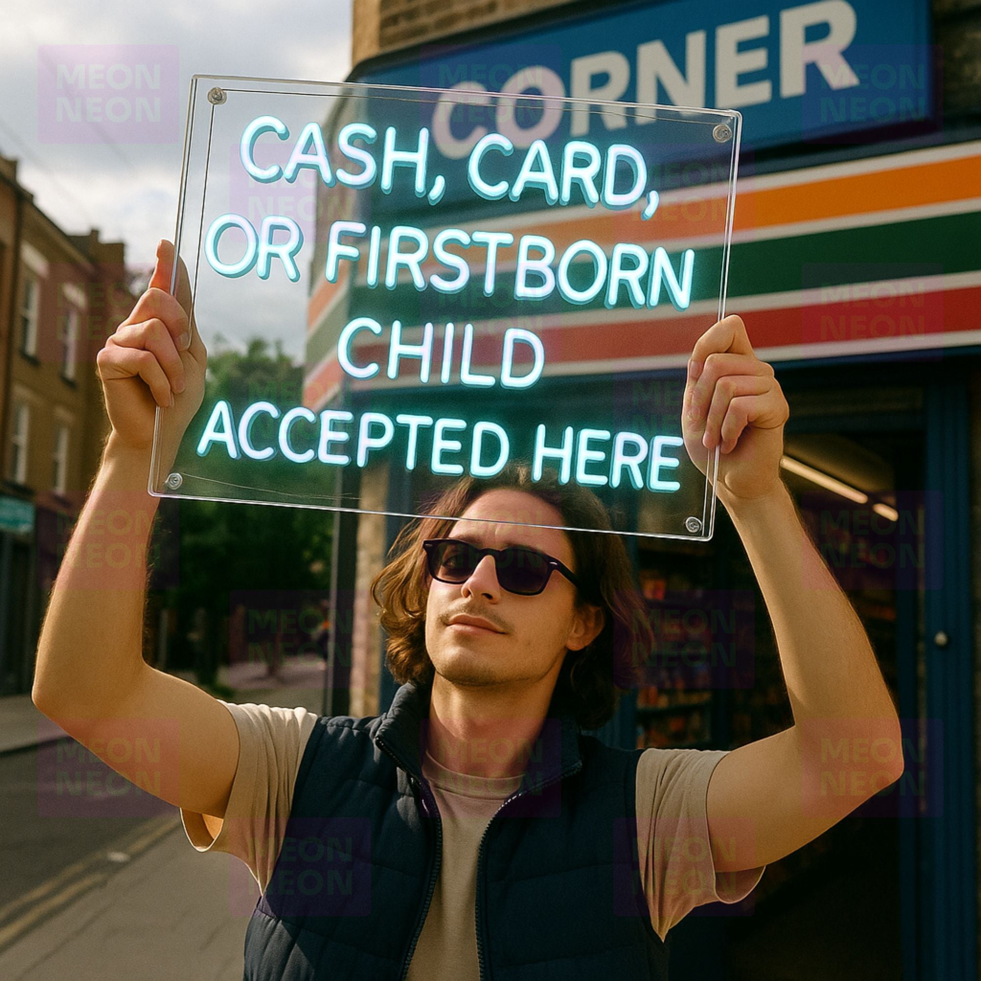 Cash, Card, Or Firstborn Child Accepted Here - LED Neon Sign