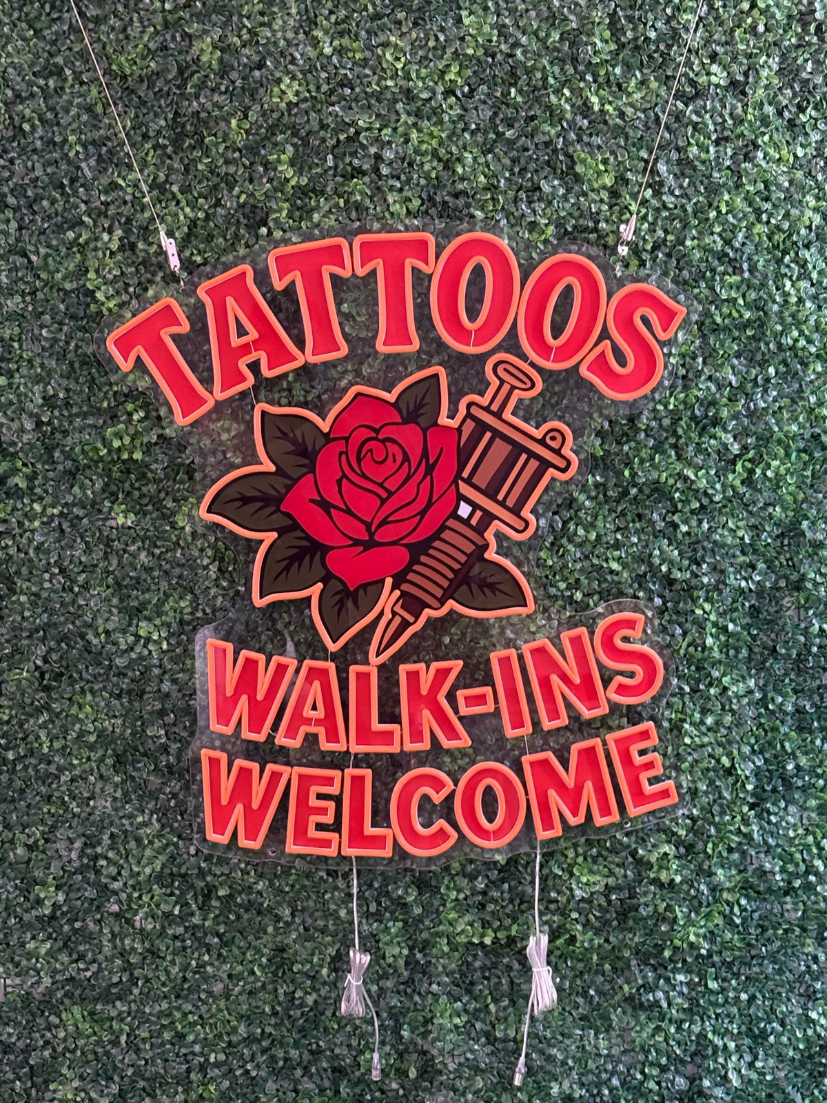 Tattoos Walk-Ins Welcome LED Neon Sign - Traditional Tattoo Style - Rose and Machine Design - Red and Yellow