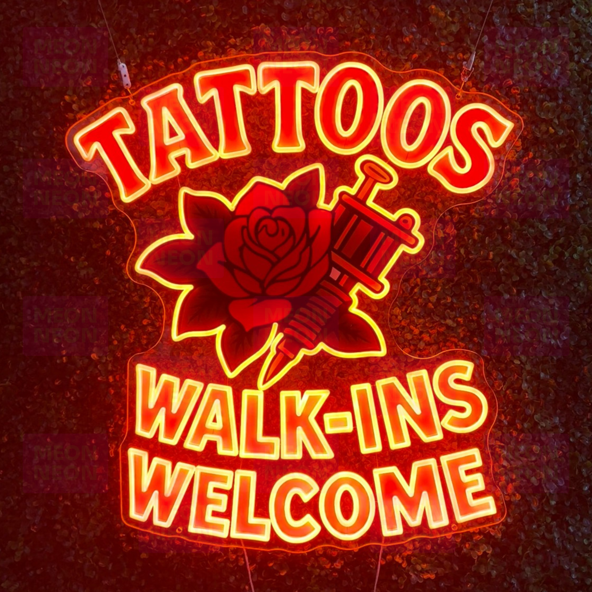 Tattoos Walk-Ins Welcome LED Neon Sign - Traditional Tattoo Style - Rose and Machine Design - Red and Yellow