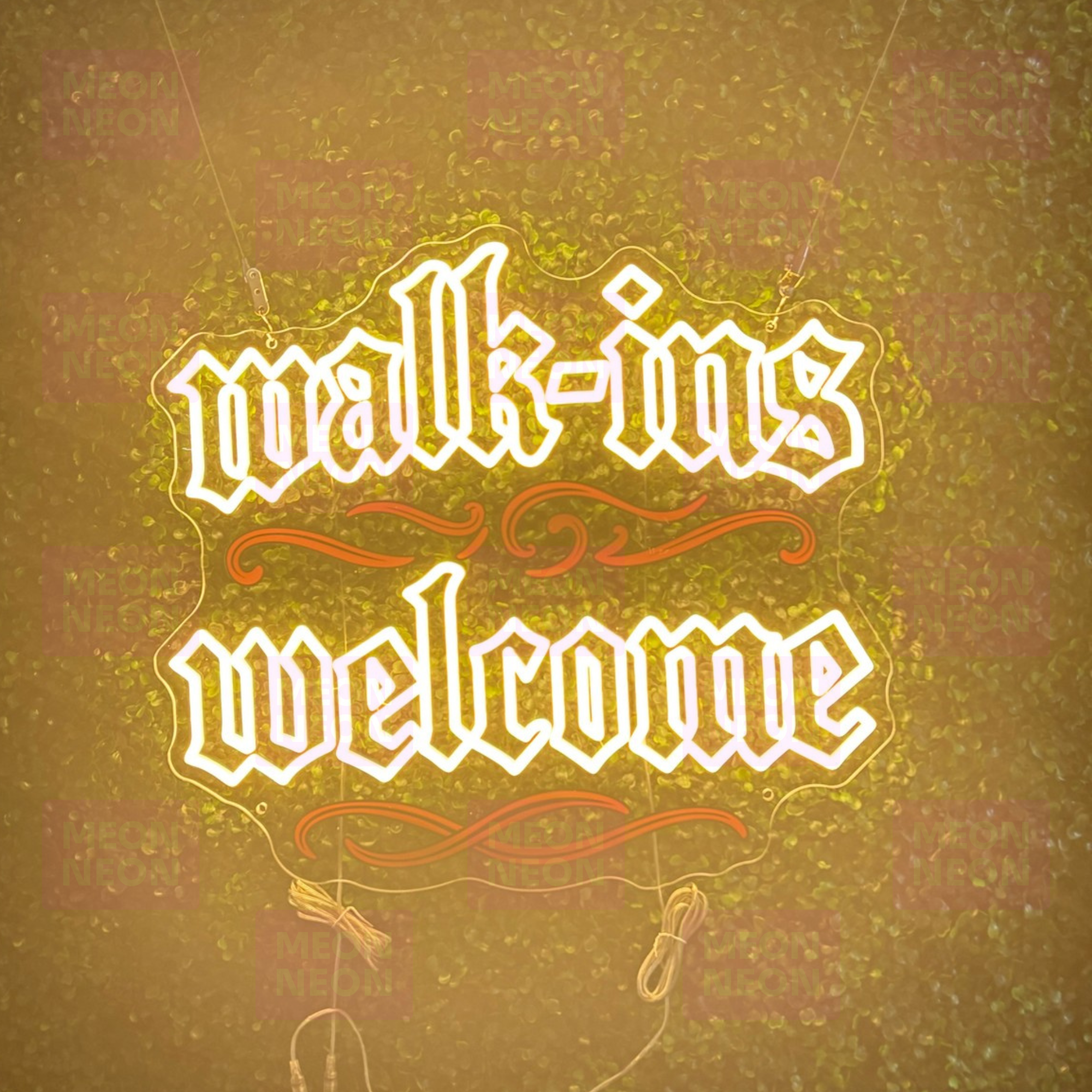 Gothic Walk-Ins Welcome LED Neon Sign - Old English Font - Traditional Style - Warm Golden Light