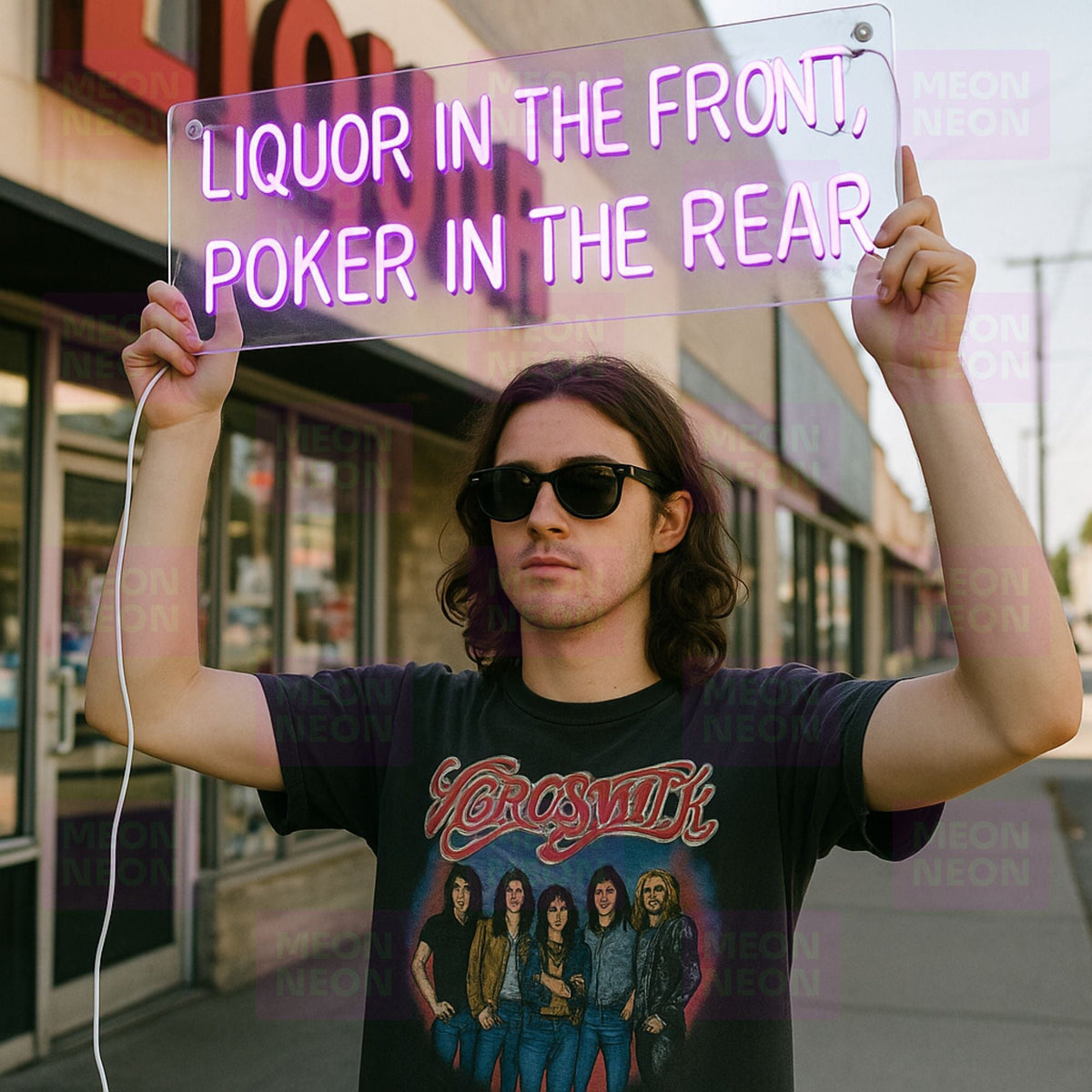 Liquor In The Front, Poker In The Rear LED neon sign on a home bar wall