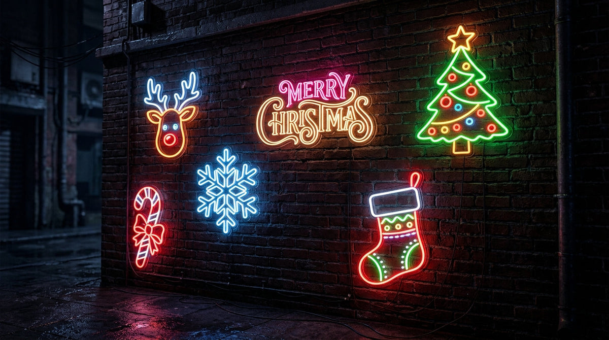 Christmas LED neon signs glowing on a wall