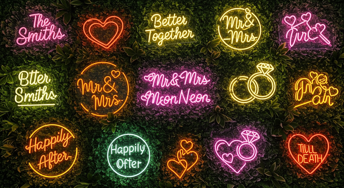 Wedding LED neon sign on a floral backdrop