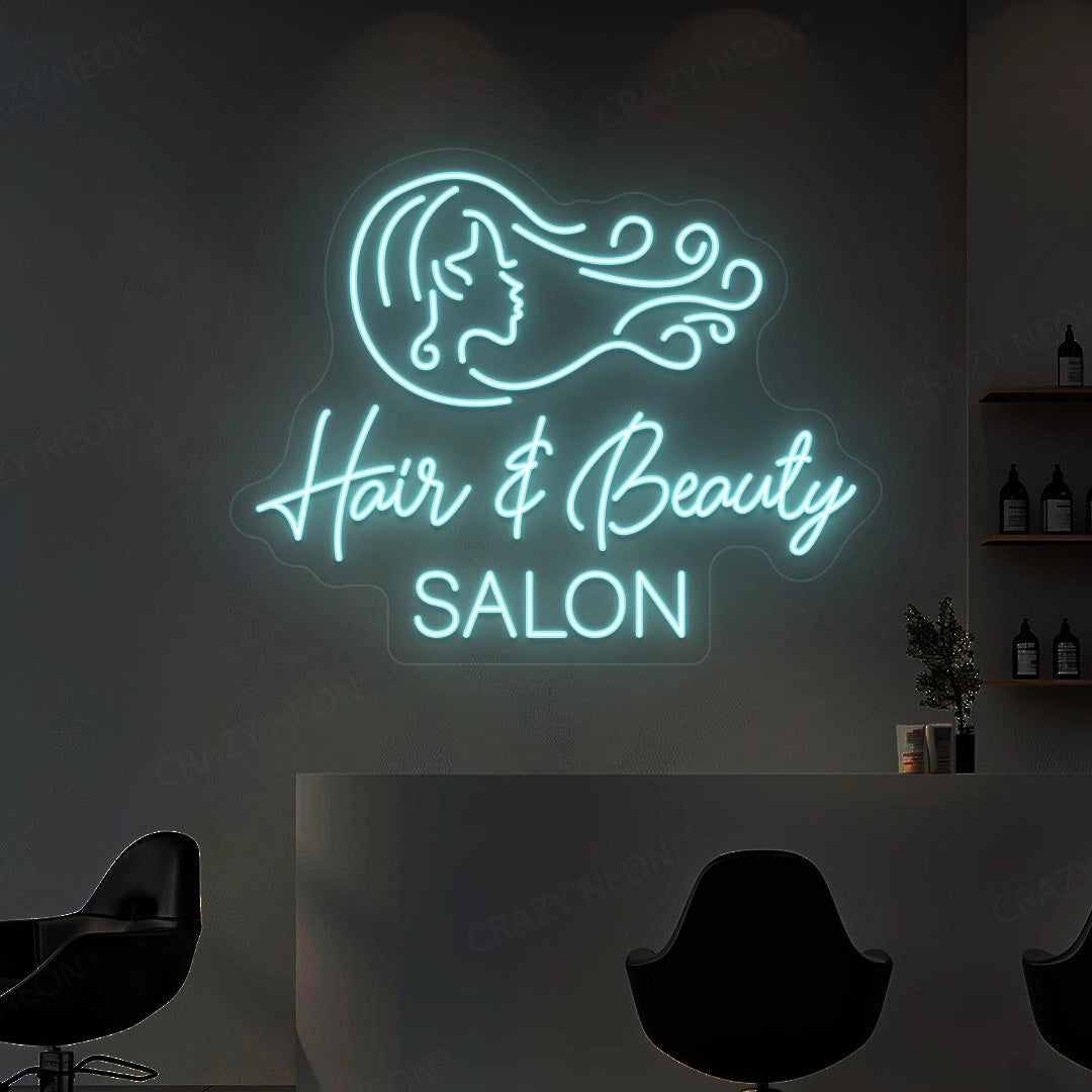 Aqua Hair and Beauty Salon LED neon sign on a salon wall