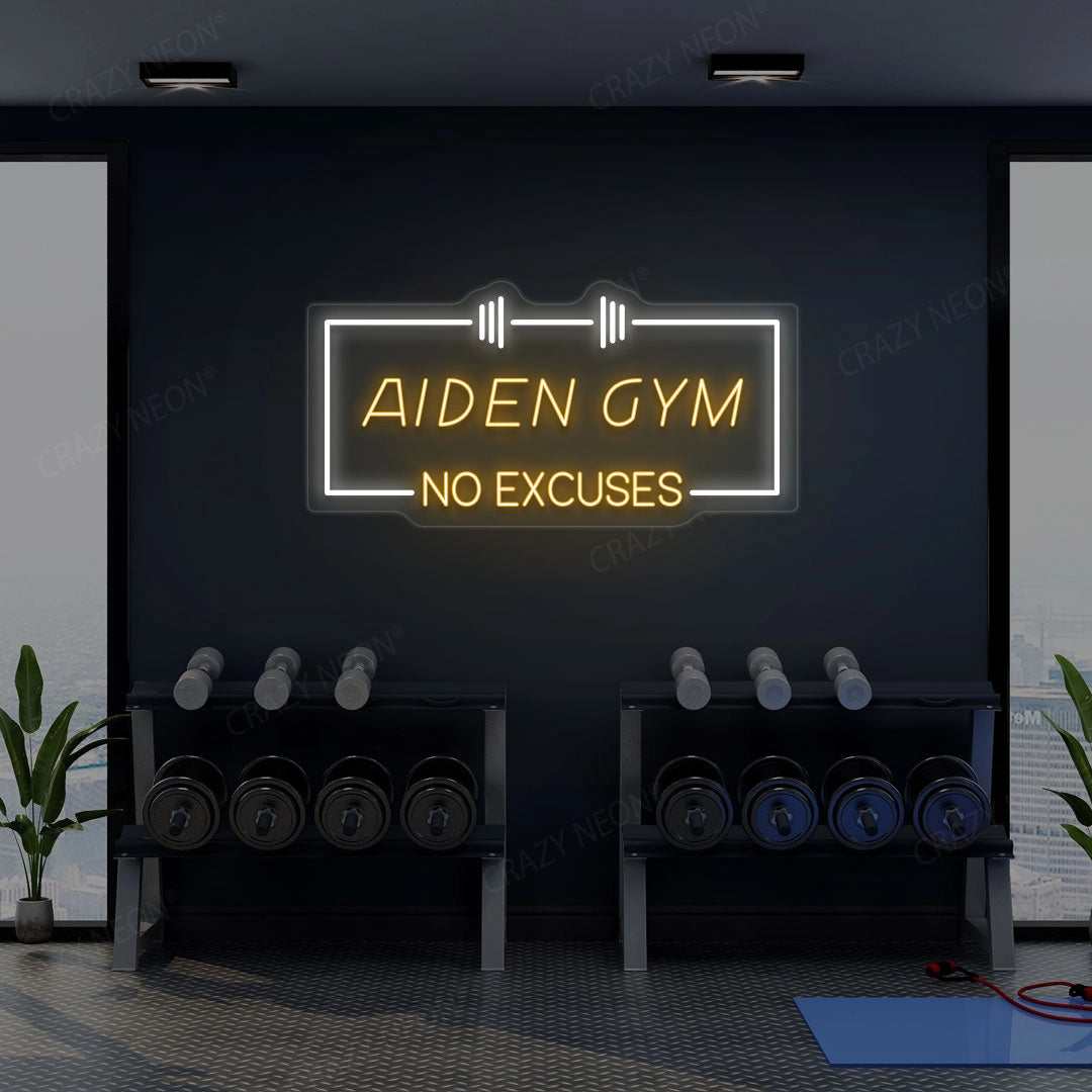 Personalized gym LED neon sign above weights in a workout room