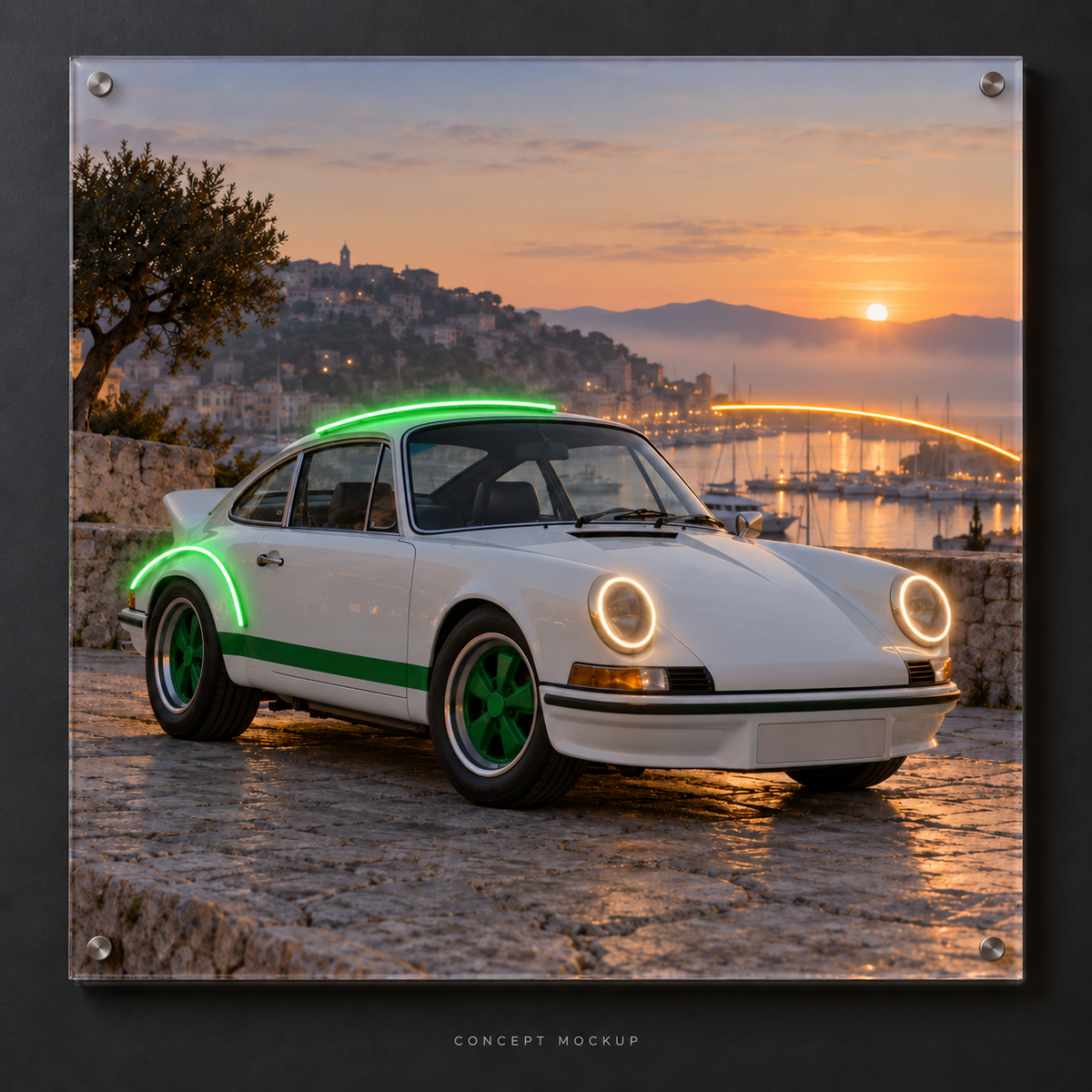 Porsche 911 coastal dawn photorealistic UV-print neon concept artwork