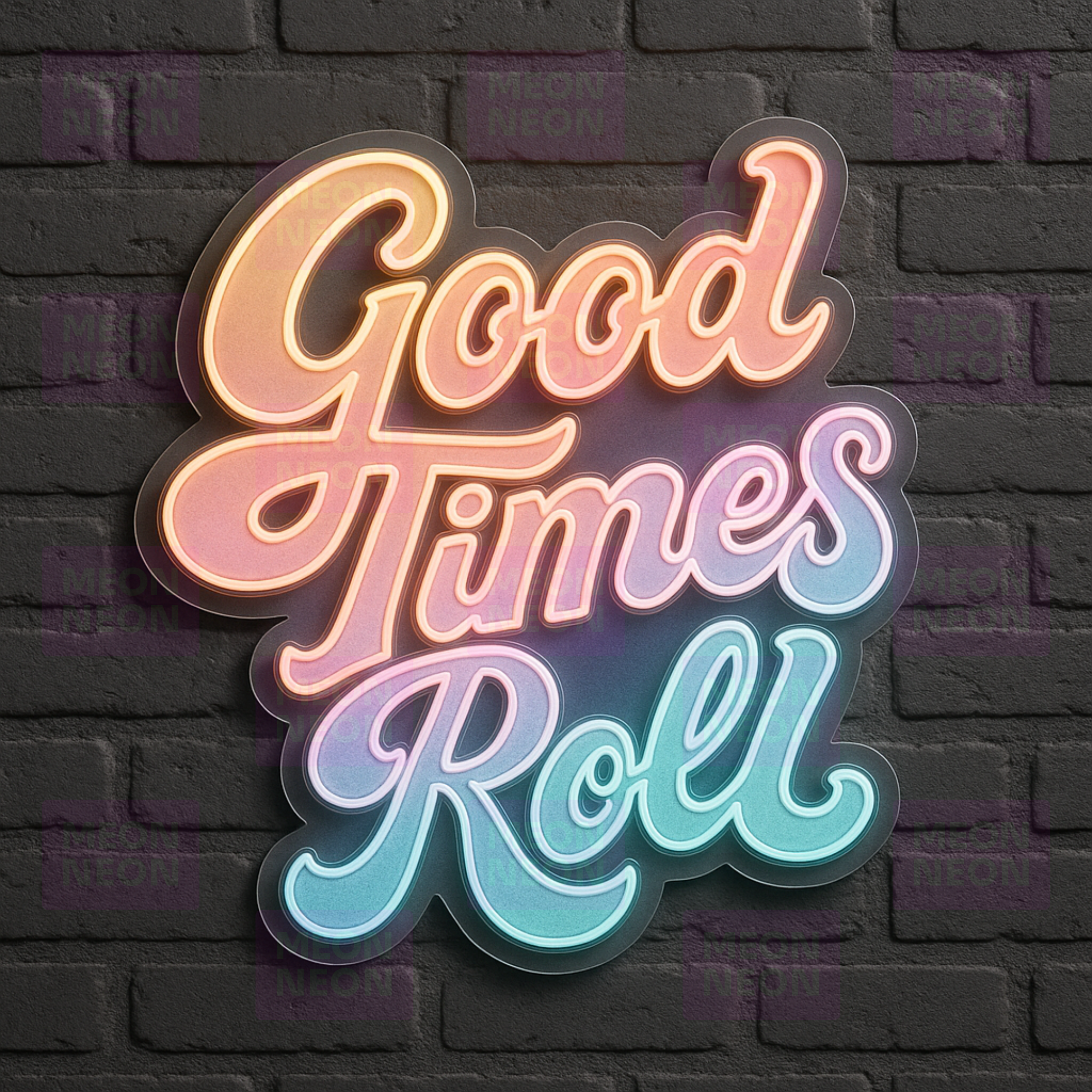 Good Times Roll LED Neon Sign - Retro Script Style - Rainbow Gradient Colors - Warm Orange to Cool Cyan
