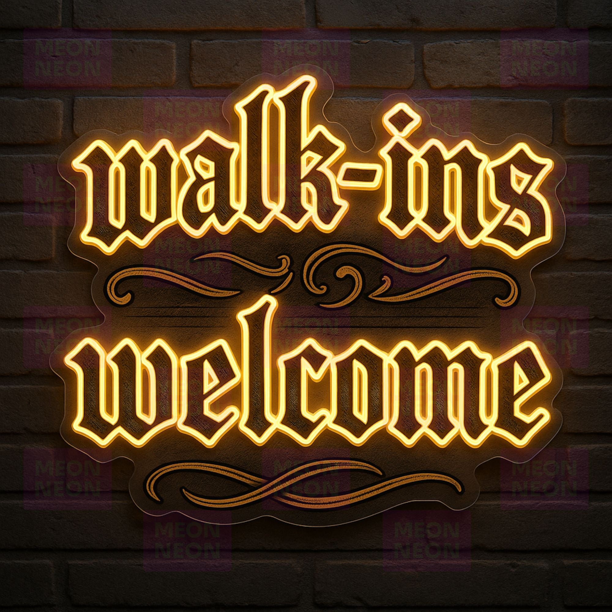 Gothic Walk-Ins Welcome LED Neon Sign - Old English Font - Traditional Style - Warm Golden Light