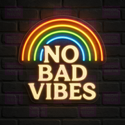 No Bad Vibes LED Neon Sign - Rainbow Positivity - Retro Hippie Style - Warm White Text