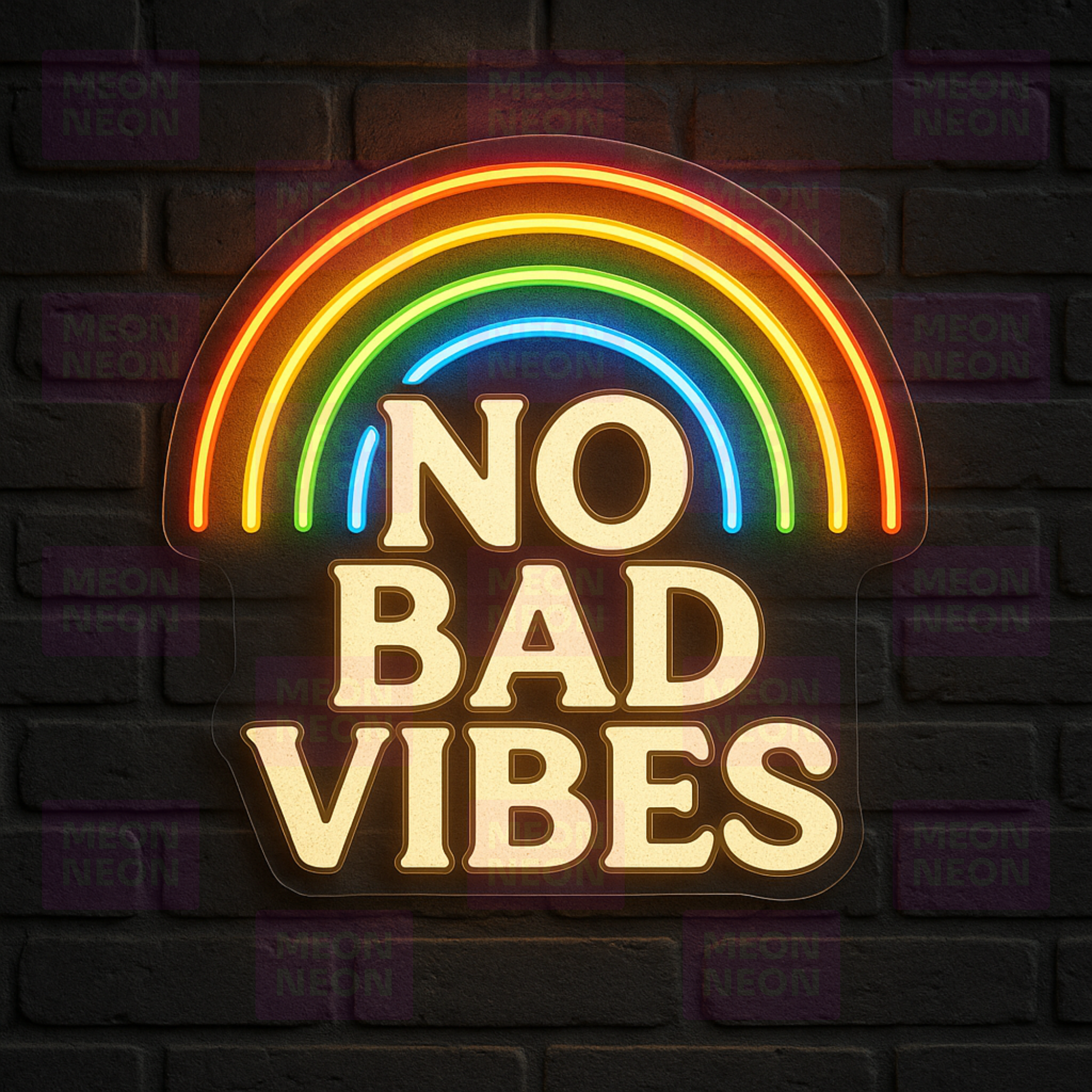 No Bad Vibes LED Neon Sign - Rainbow Positivity - Retro Hippie Style - Warm White Text