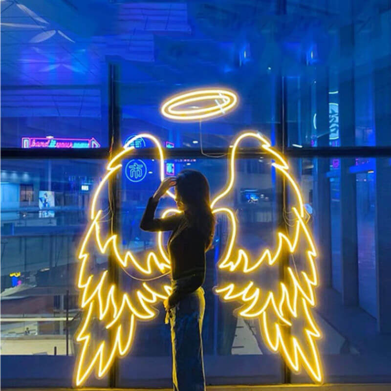 Angel Wings with Halo LED Neon Sign in Hot Pink