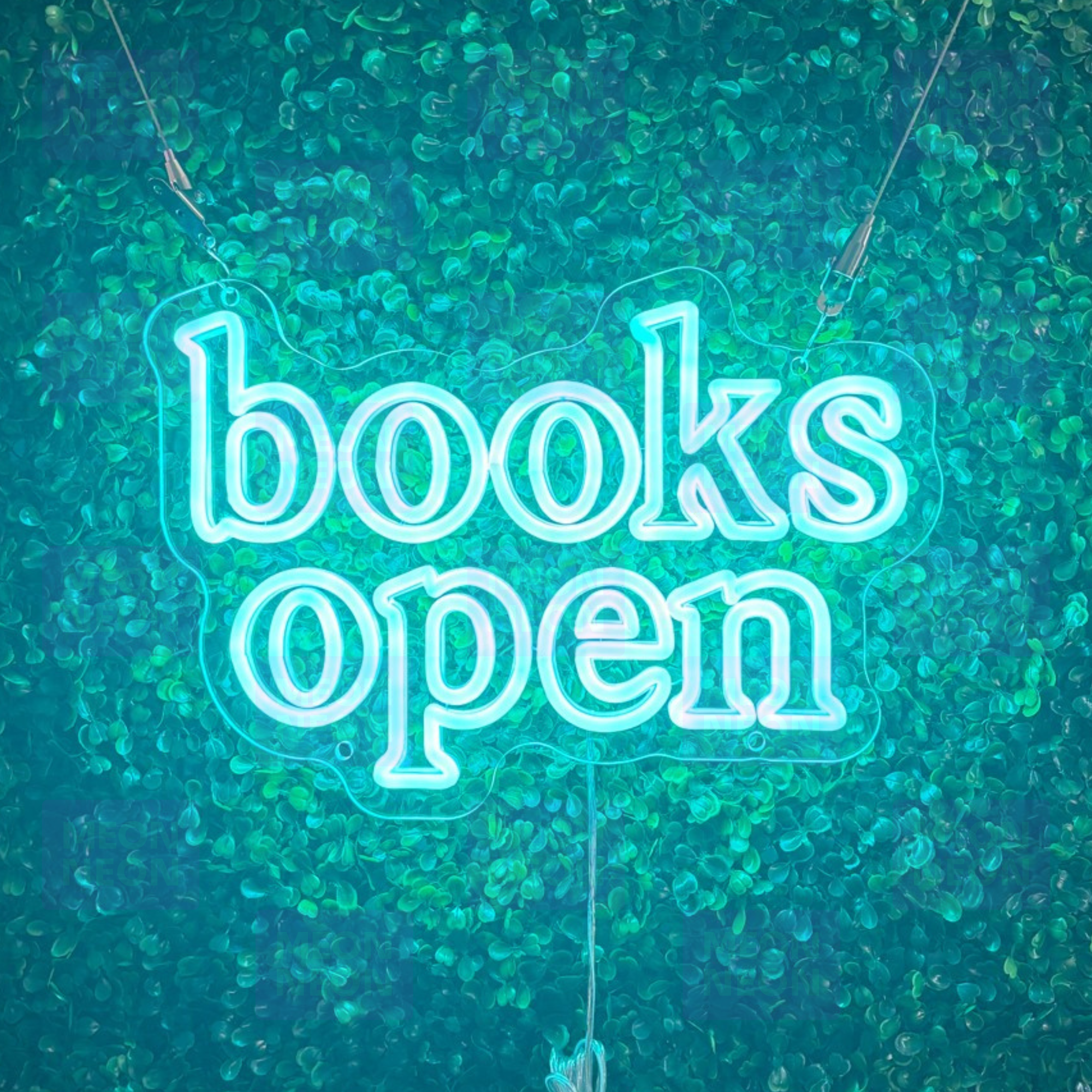 Books Open LED Neon Sign - Tattoo Appointment Style - Aqua Blue Lettering - Clean Modern Design - MEON NEON