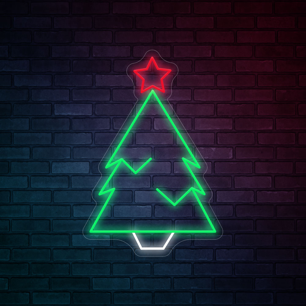 Christmas Tree with Star LED Neon Sign in Green + Red + White