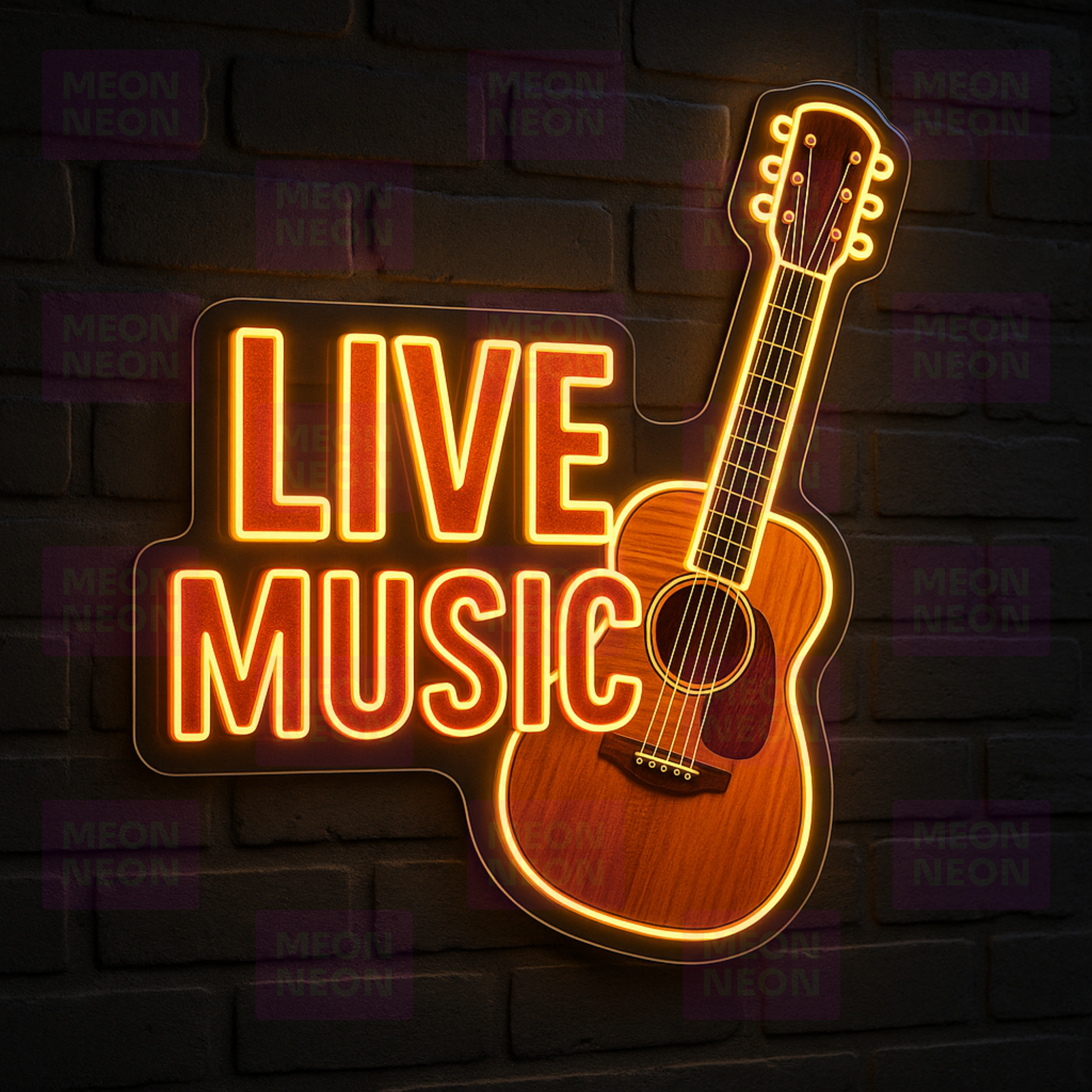 Live Music LED Neon Sign - Acoustic Guitar Design - Venue Signage - Warm Orange Light - MEON NEON
