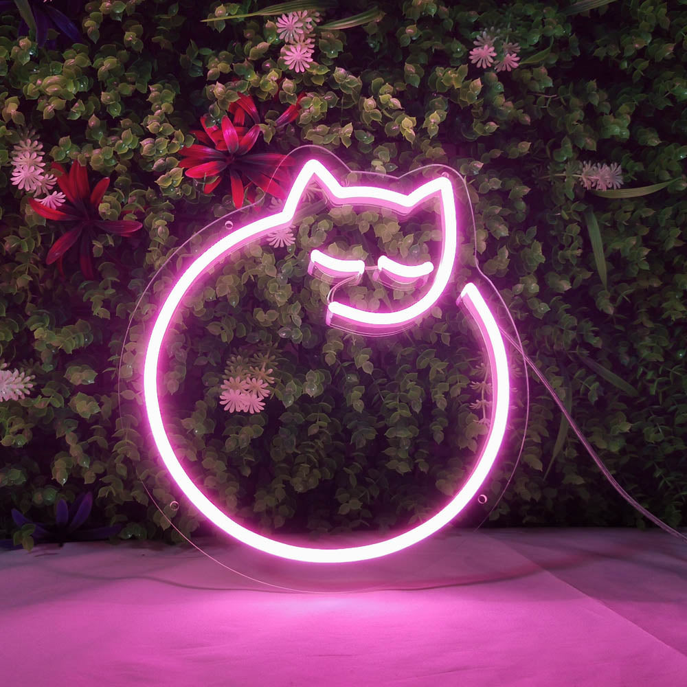 Mini Curled Up Cat LED Neon Sign in Hot Pink
