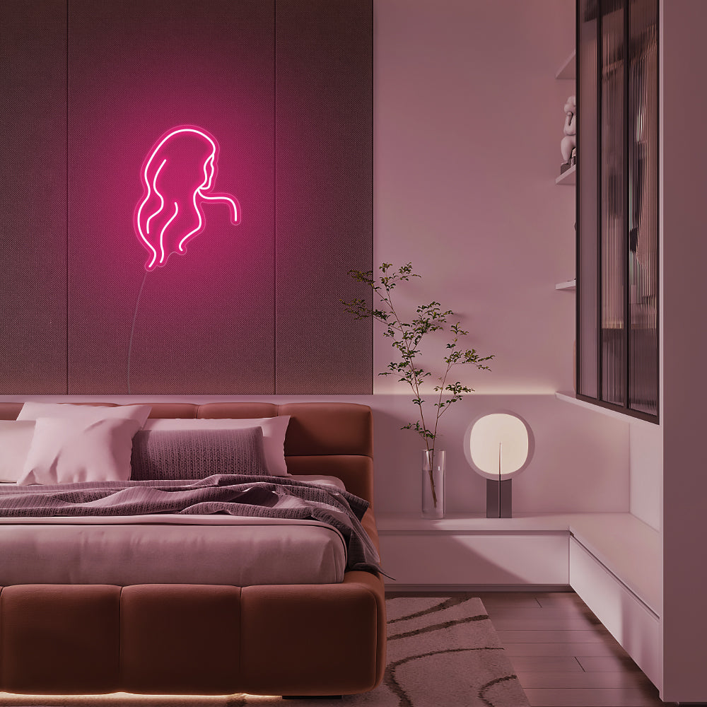 Mini Long Hair Silhouette LED Neon Sign in Hot Pink