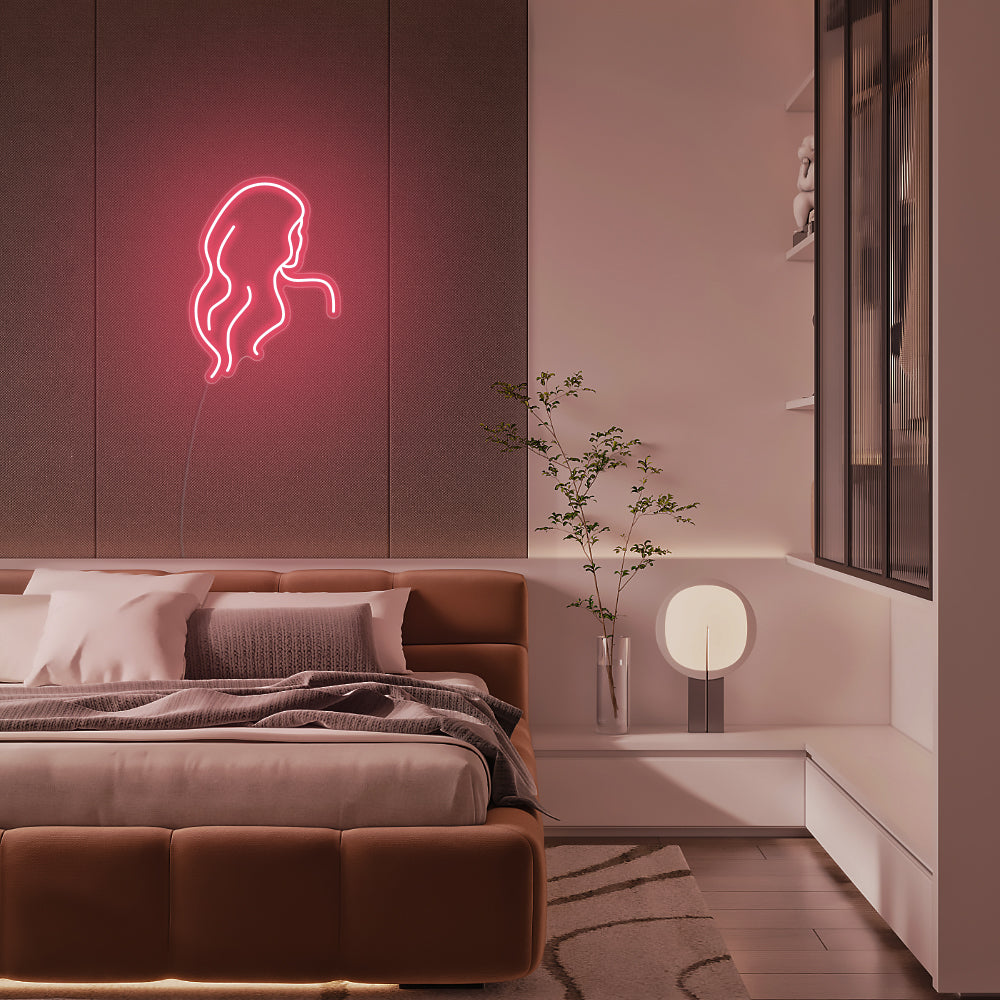 Mini Long Hair Silhouette LED Neon Sign in Light Pink