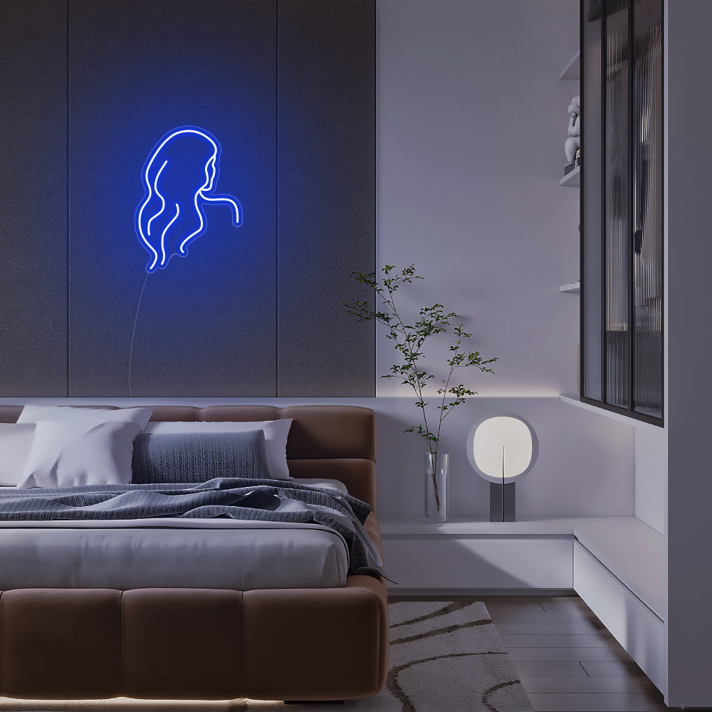 Mini Long Hair Silhouette LED Neon Sign in Blue