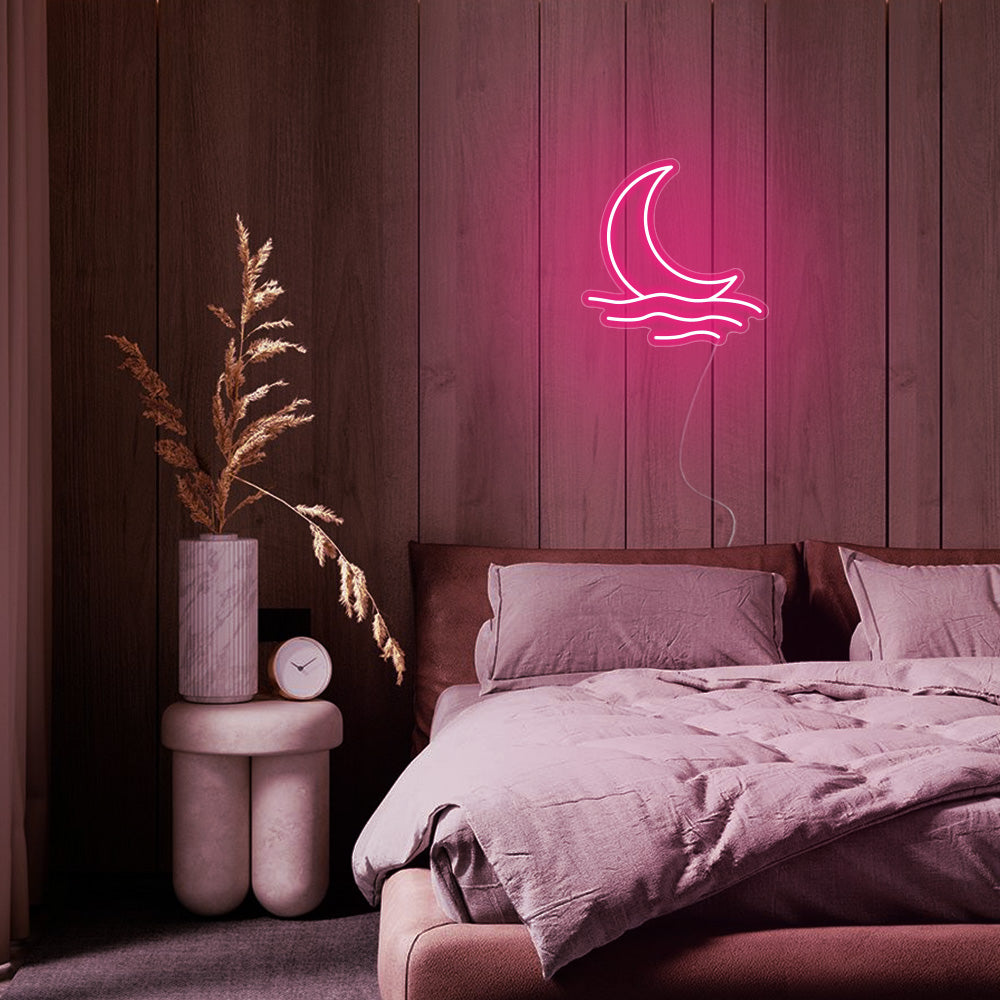 Mini Moonrise Over the Sea LED Neon Sign in Hot Pink
