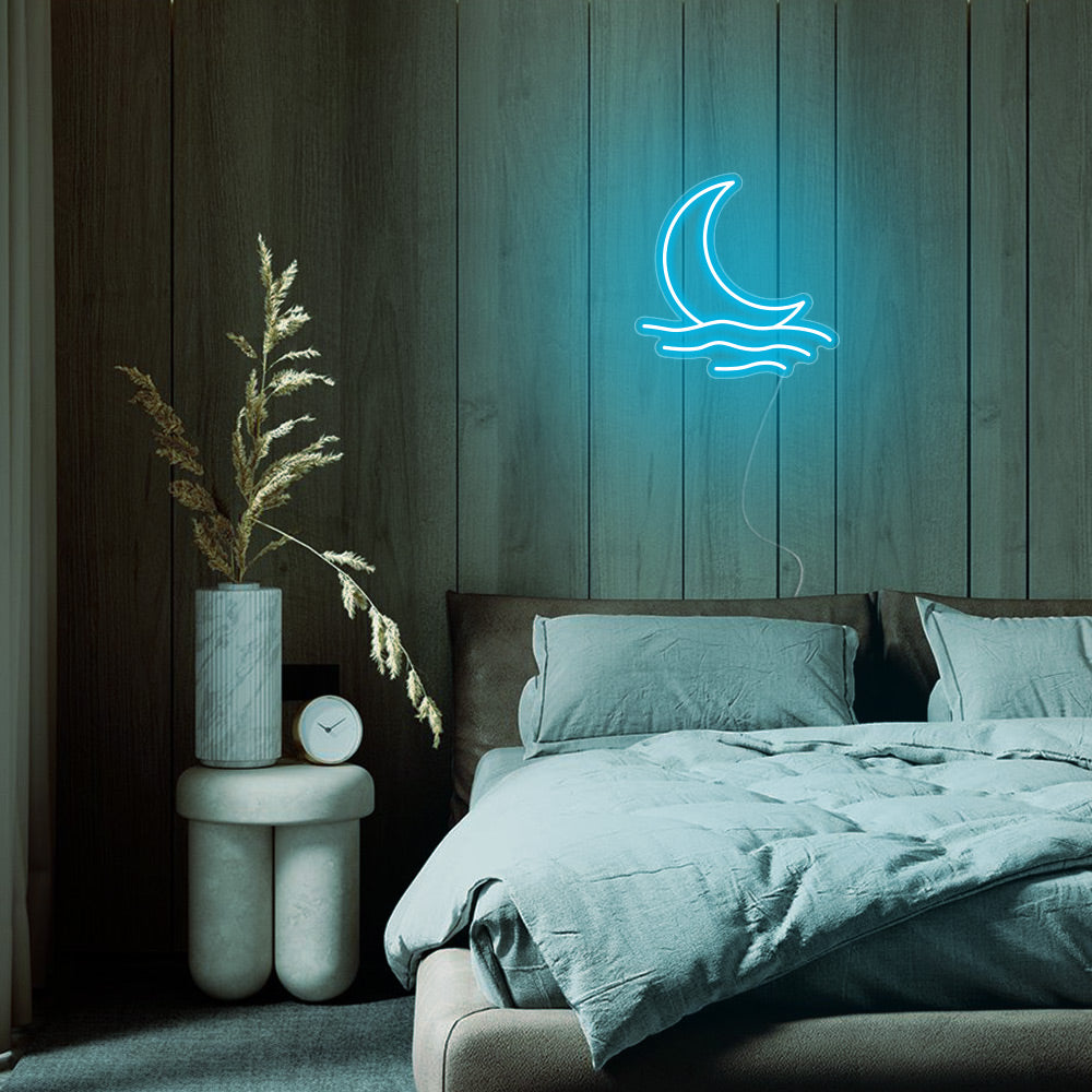 Mini Moonrise Over the Sea LED Neon Sign in Ice Blue