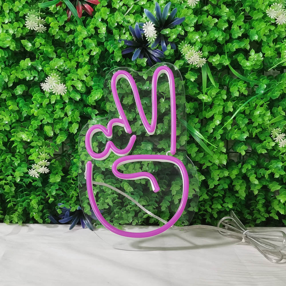 Mini Peace Sign Hand LED Neon Sign in Light Pink