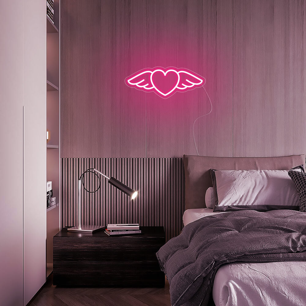 Mini Winged Heart LED Neon Sign in Hot Pink