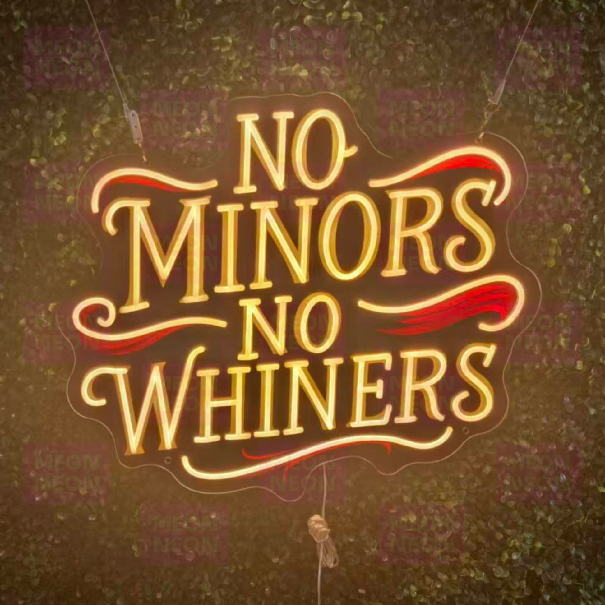 No Minors No Whiners LED Neon Sign - Tattoo Shop Rules - Yellow and Red Lettering - Professional Boundaries - MEON NEON