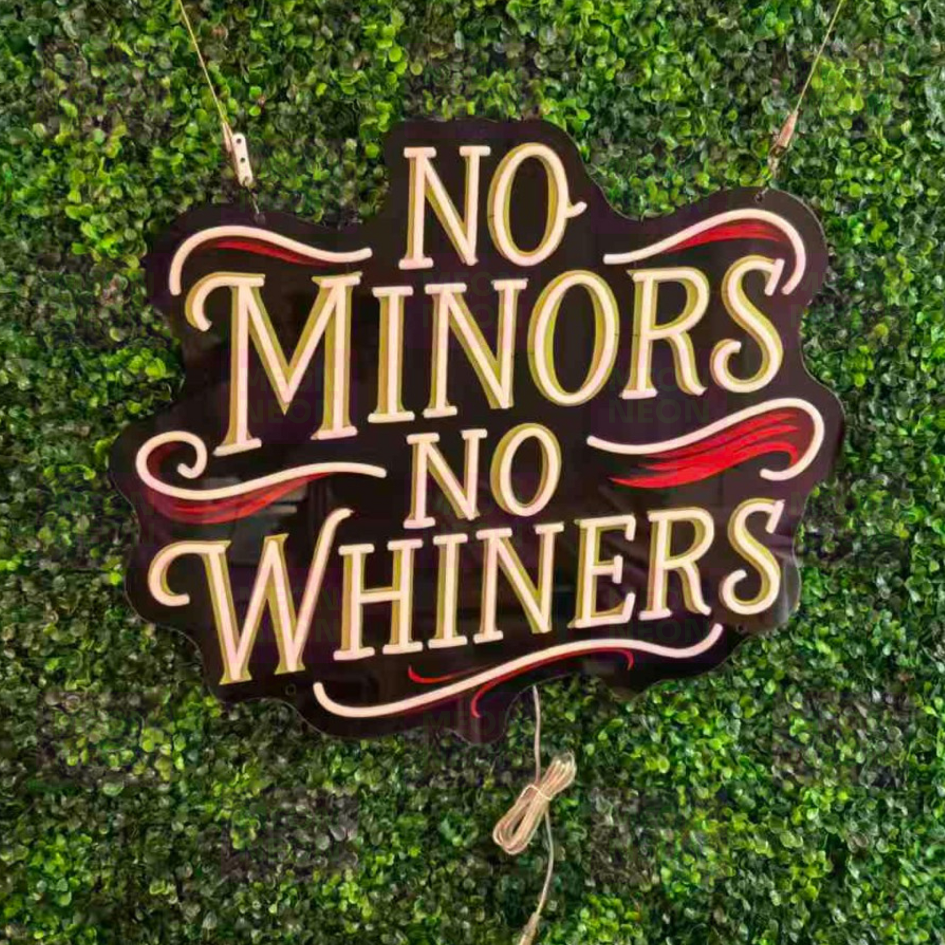No Minors No Whiners LED Neon Sign - Tattoo Shop Rules - Yellow and Red Lettering - Professional Boundaries - MEON NEON