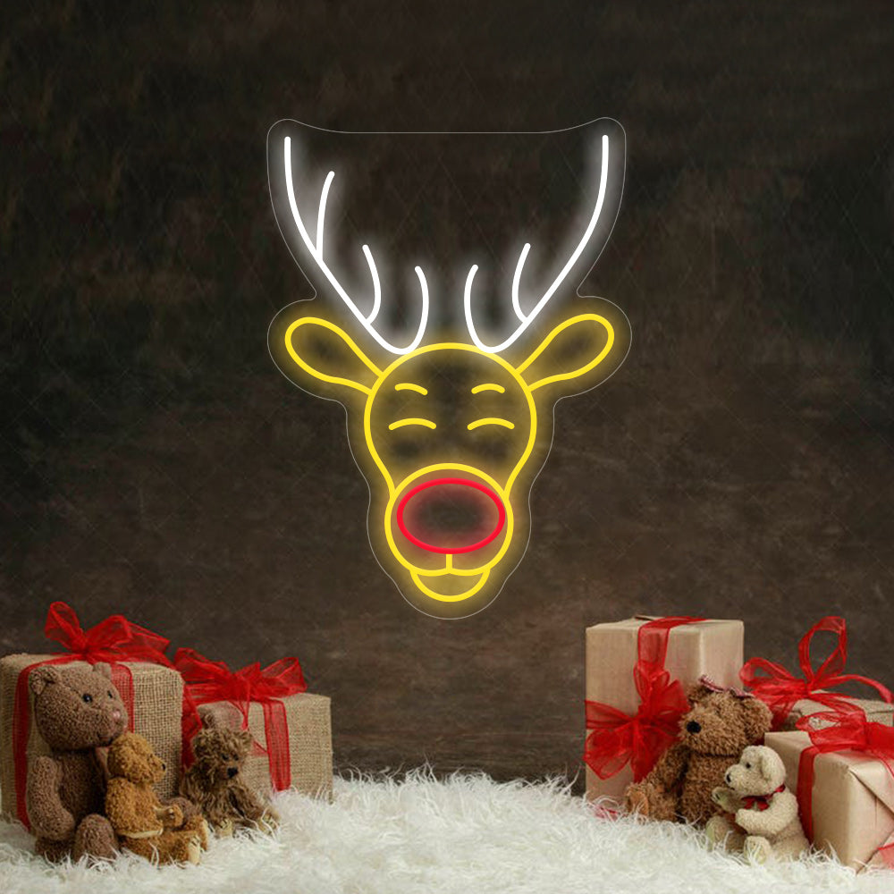 Reindeer Head LED Neon Sign in White + Yellow + Red