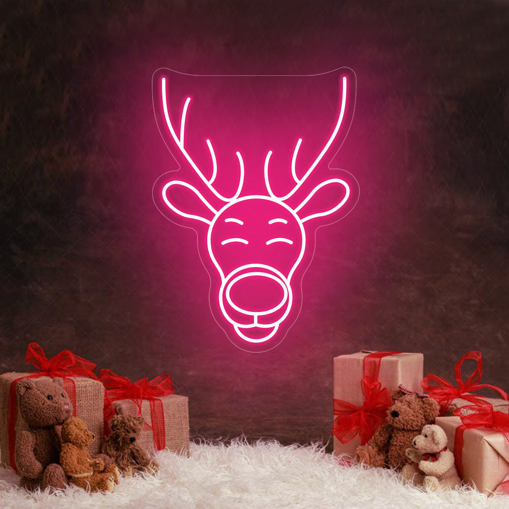 Reindeer Head LED Neon Sign in Hot Pink