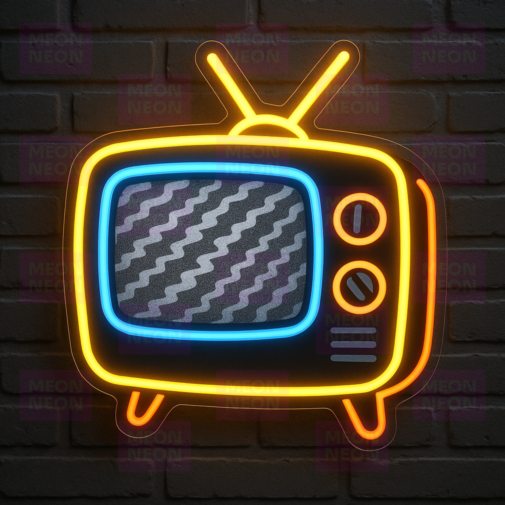 Retro TV LED Neon Sign - Vintage Television - Static Screen Animation - Golden Yellow Frame - MEON NEON