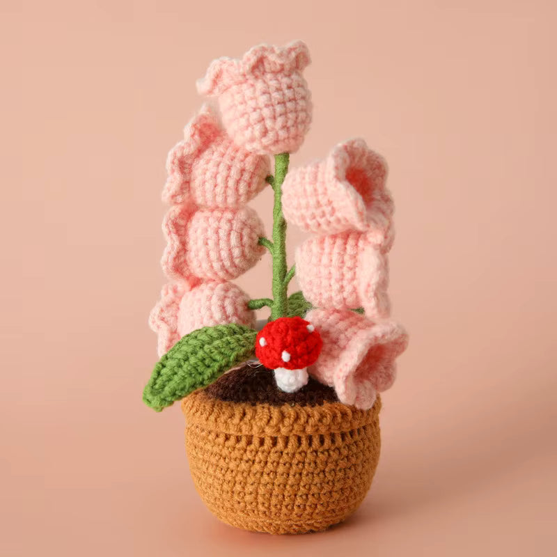 Mini Knitted Light-Up Flower Pot - Handmade Crochet Bell Orchid with LED Lights