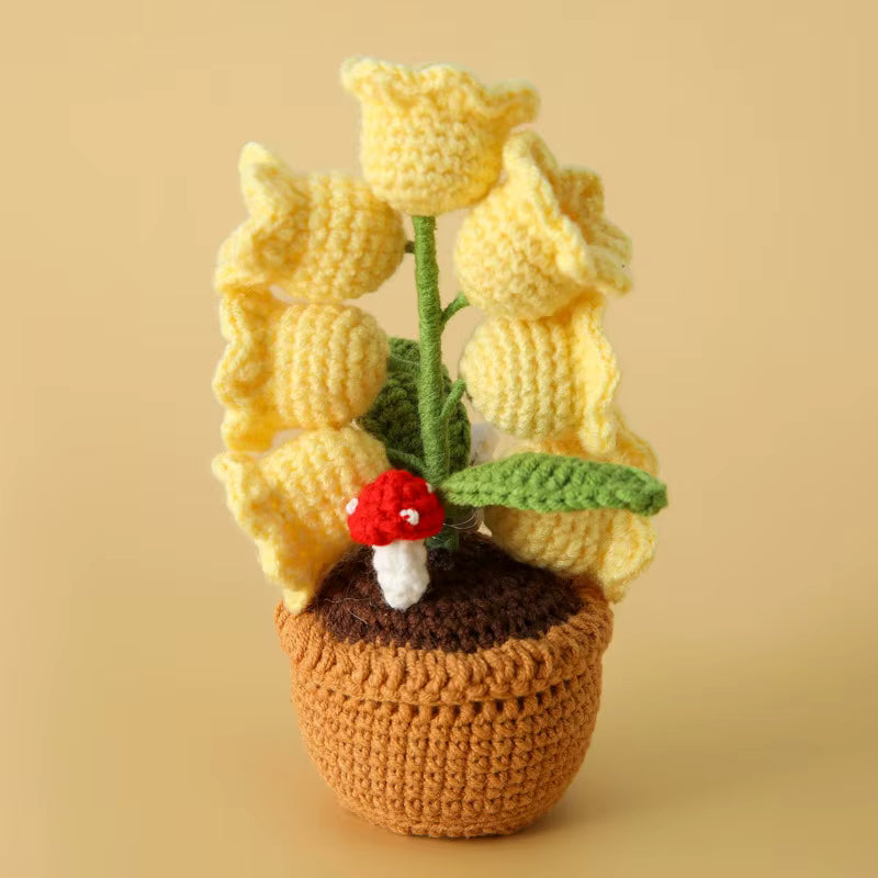Mini Knitted Light-Up Flower Pot - Handmade Crochet Bell Orchid with LED Lights